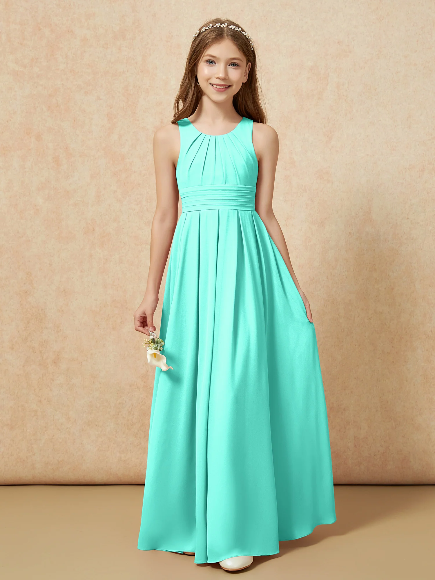 Scoop Neck Pleated Long Junior Bridesmaid Dresses Spa - Image 5