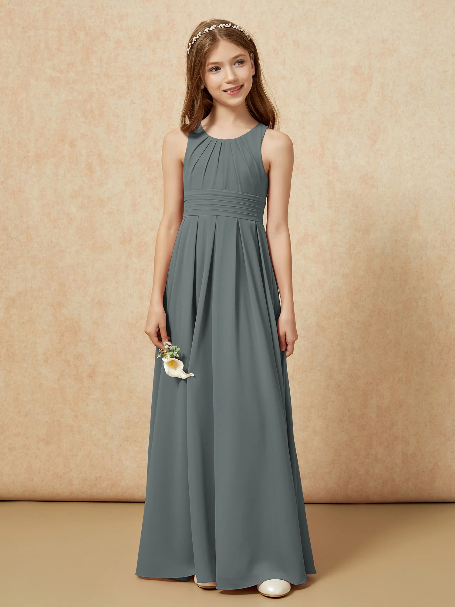 Scoop Neck Pleated Long Junior Bridesmaid Dresses Steel Grey - Image 4