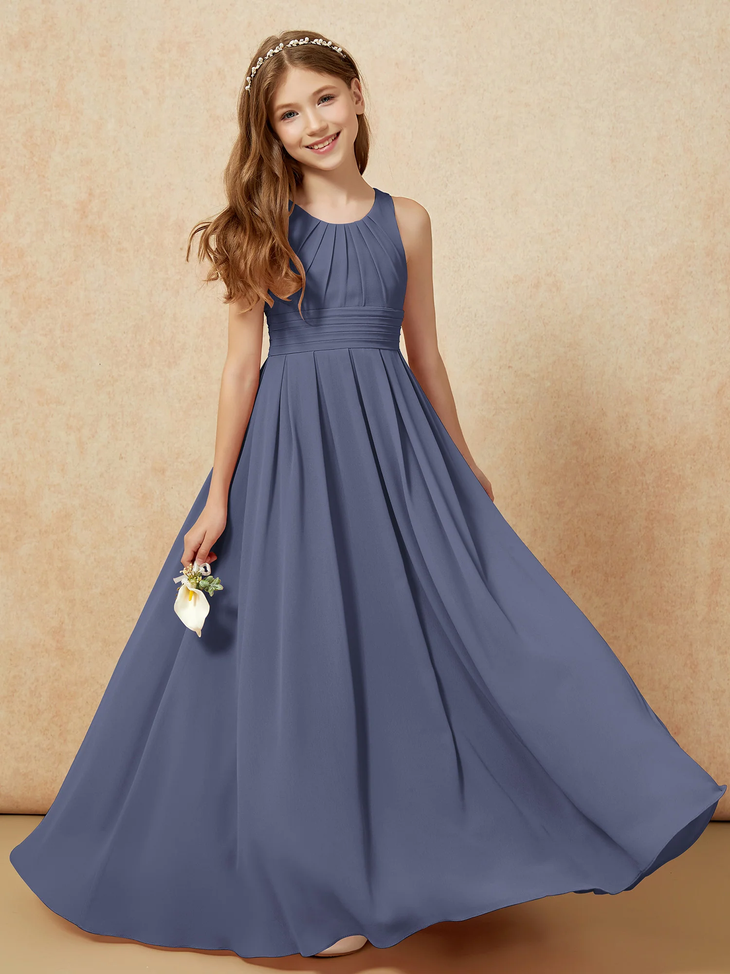 Scoop Neck Pleated Long Junior Bridesmaid Dresses Stormy