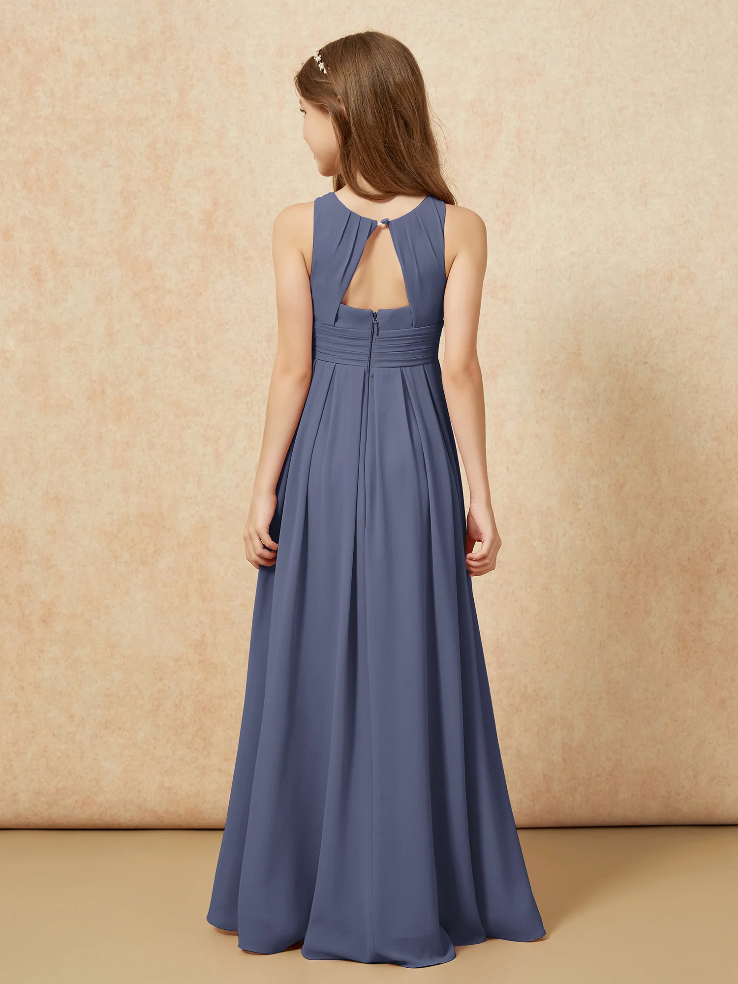 Scoop Neck Pleated Long Junior Bridesmaid Dresses Stormy - Image 2