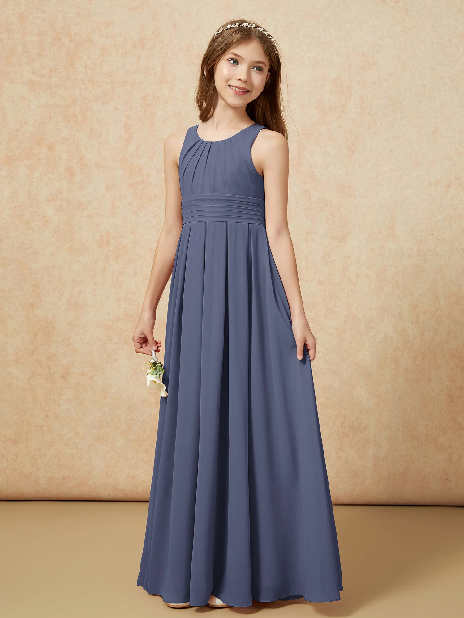 Scoop Neck Pleated Long Junior Bridesmaid Dresses Stormy - Image 3