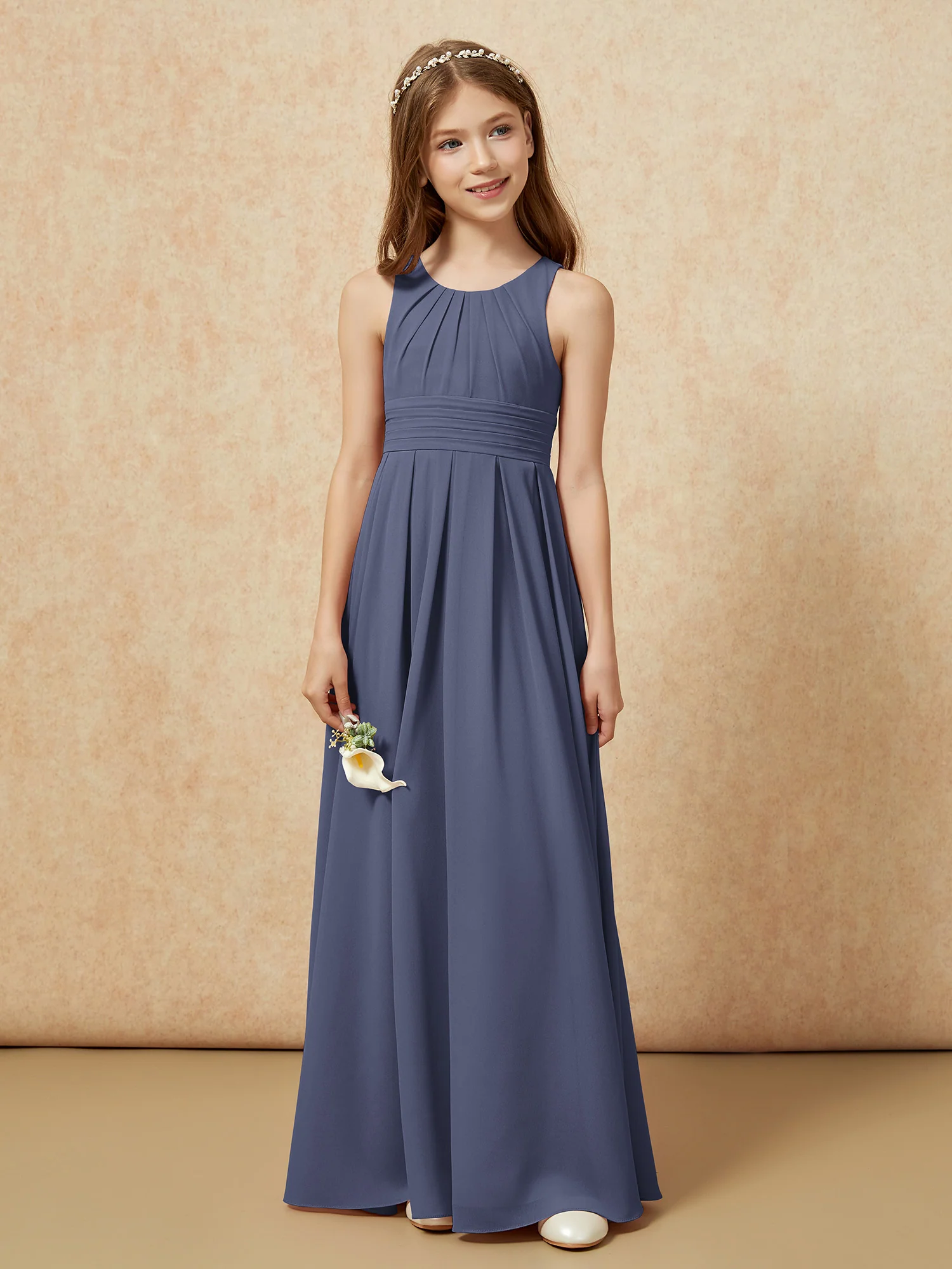 Scoop Neck Pleated Long Junior Bridesmaid Dresses Stormy - Image 4