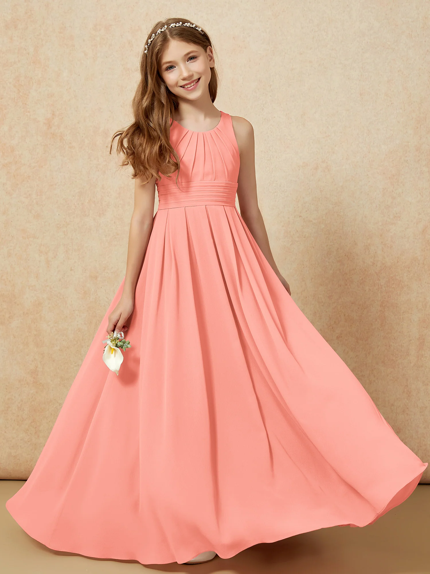Scoop Neck Pleated Long Junior Bridesmaid Dresses Sunset