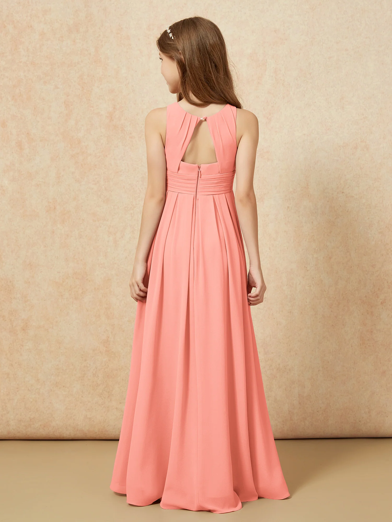 Scoop Neck Pleated Long Junior Bridesmaid Dresses Sunset - Image 2
