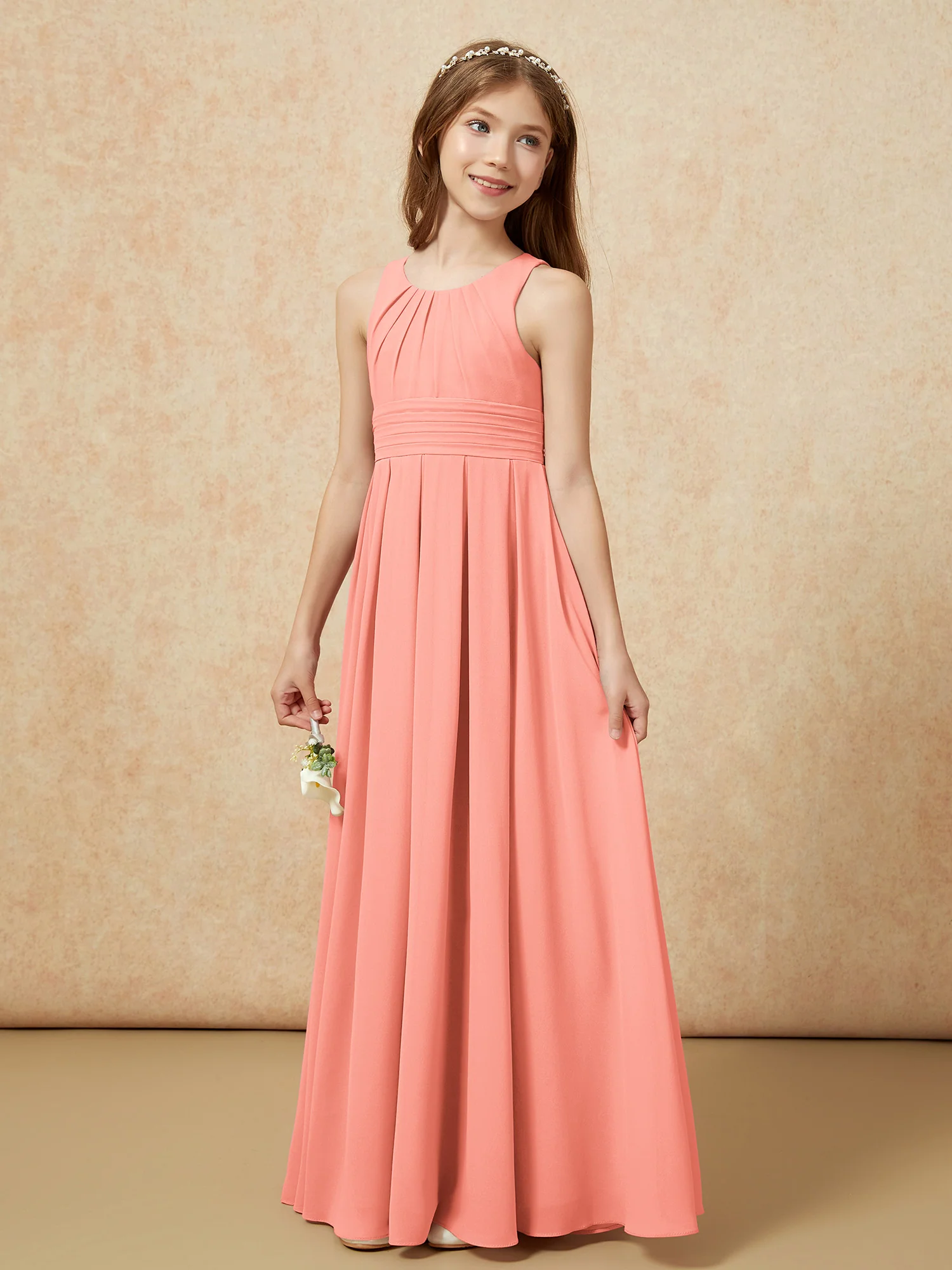 Scoop Neck Pleated Long Junior Bridesmaid Dresses Sunset - Image 3