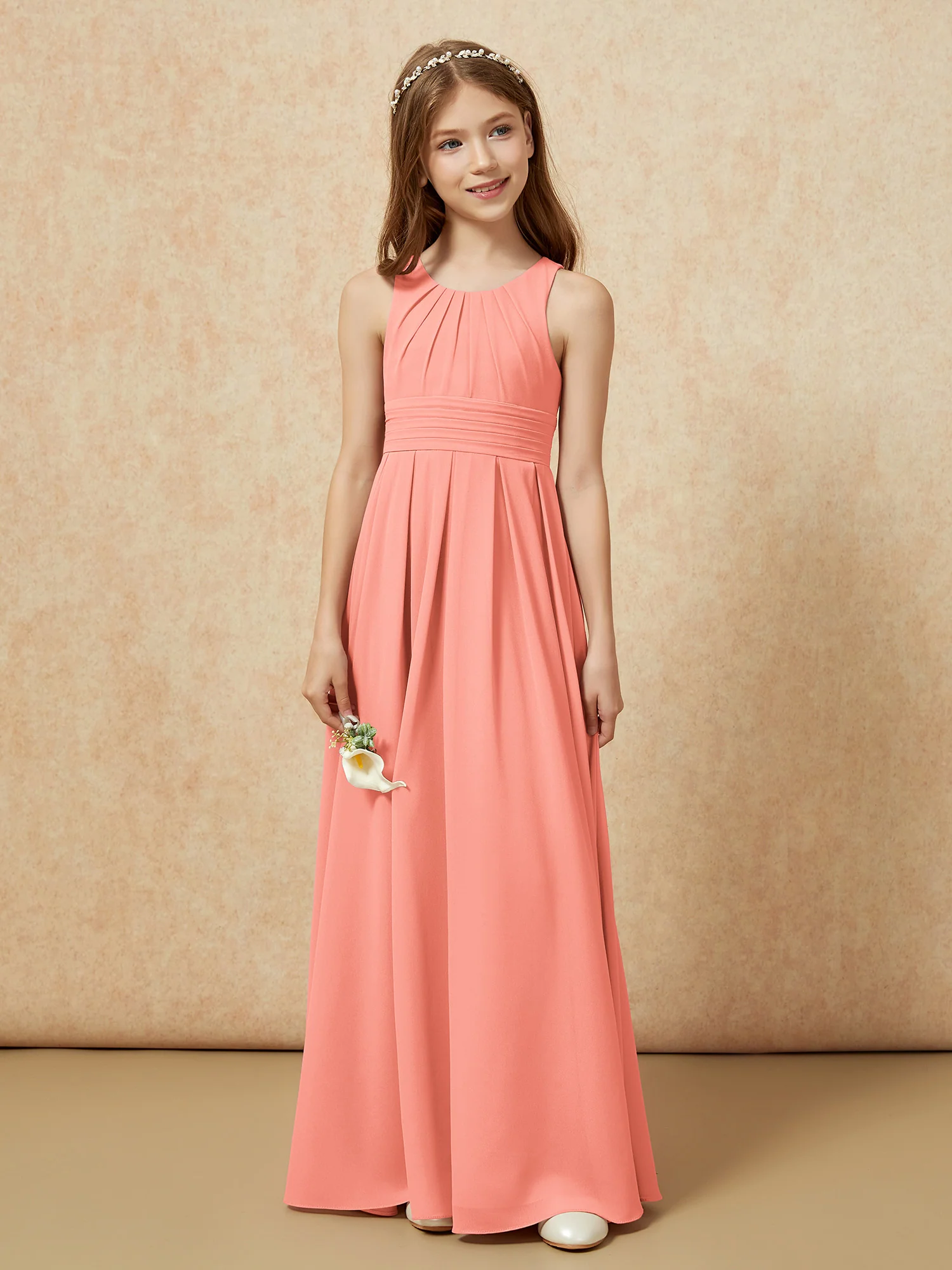 Scoop Neck Pleated Long Junior Bridesmaid Dresses Sunset - Image 4