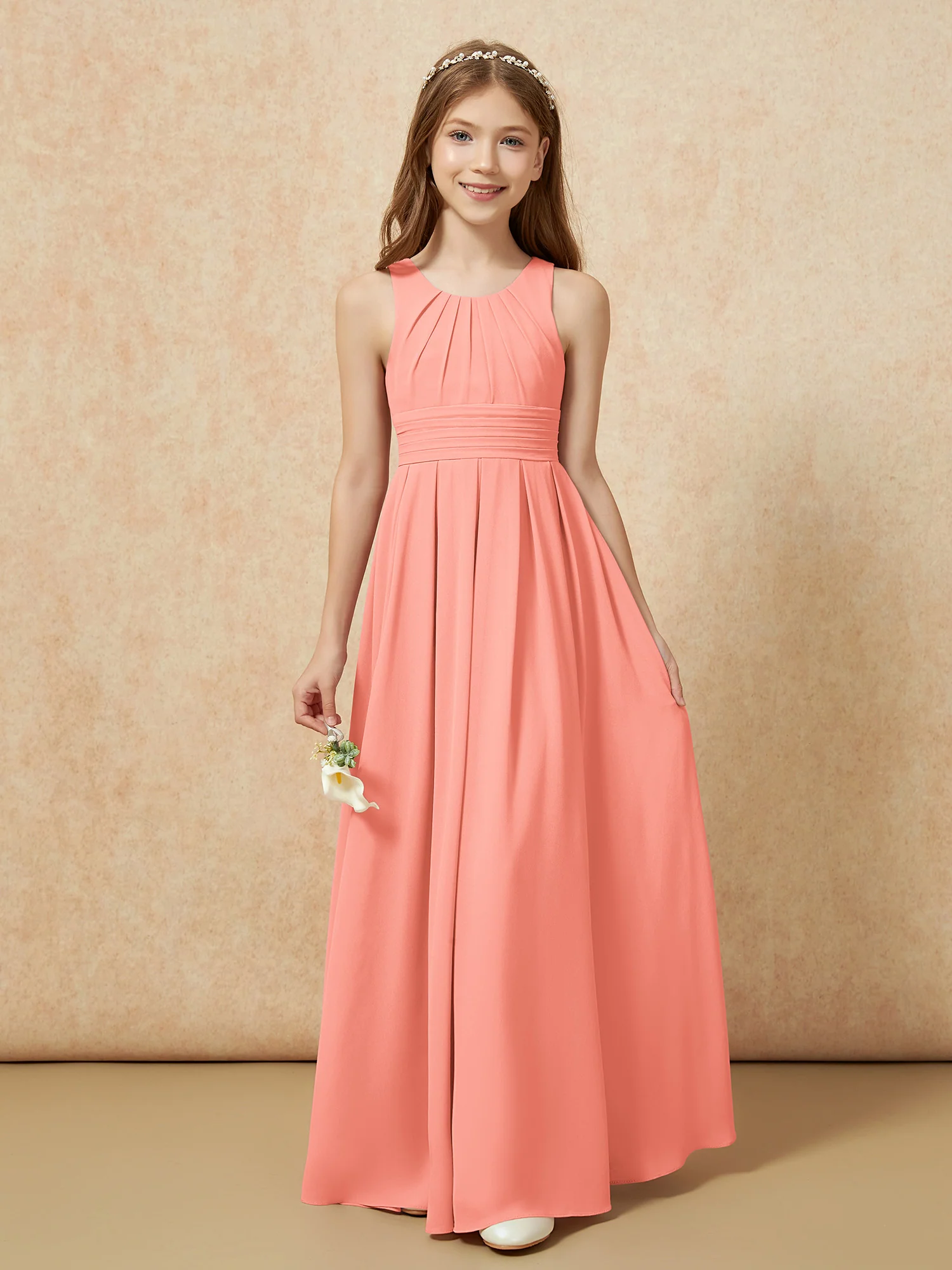 Scoop Neck Pleated Long Junior Bridesmaid Dresses Sunset - Image 5