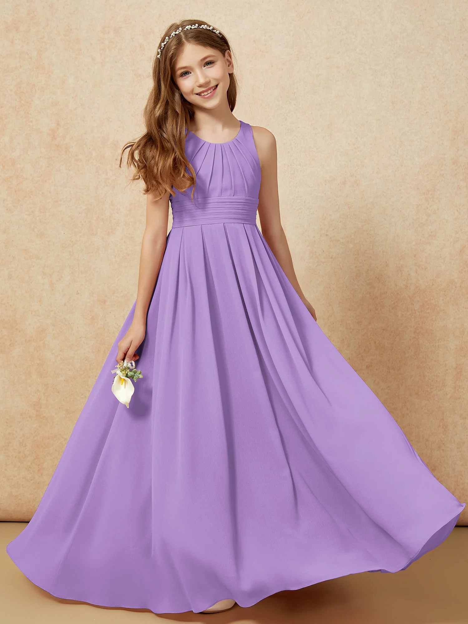 Scoop Neck Pleated Long Junior Bridesmaid Dresses Tahiti
