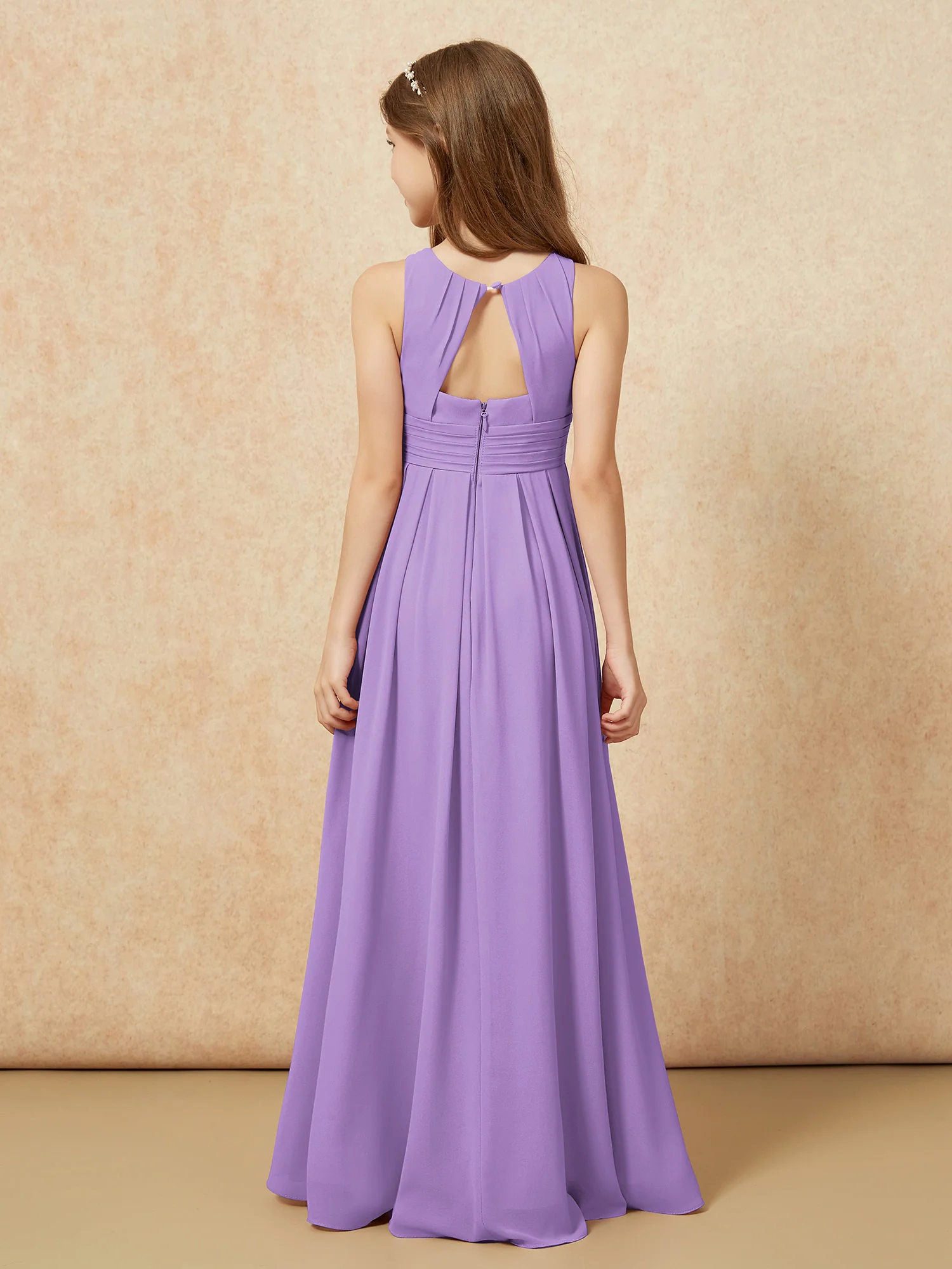 Scoop Neck Pleated Long Junior Bridesmaid Dresses Tahiti - Image 2