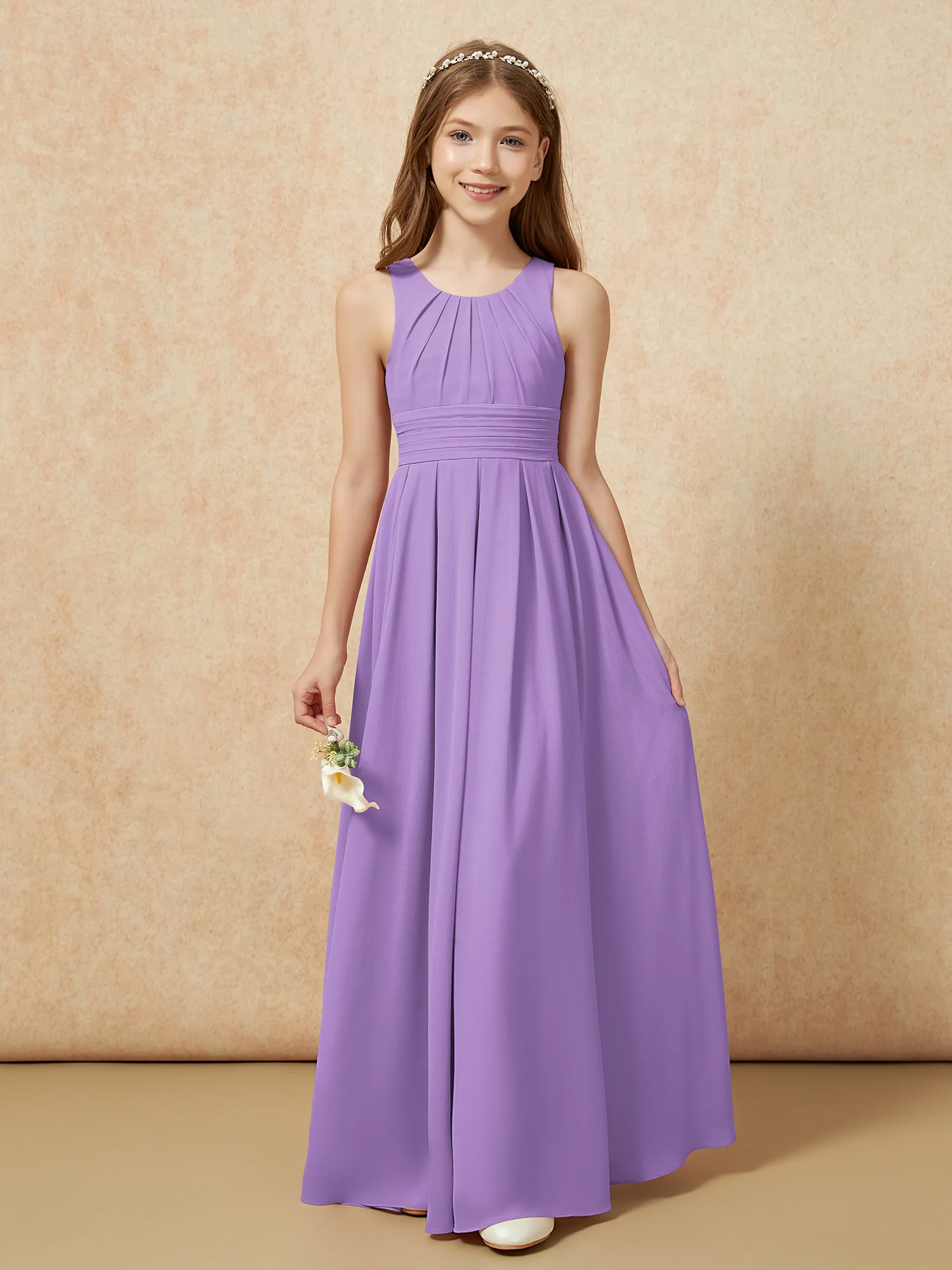 Scoop Neck Pleated Long Junior Bridesmaid Dresses Tahiti - Image 5