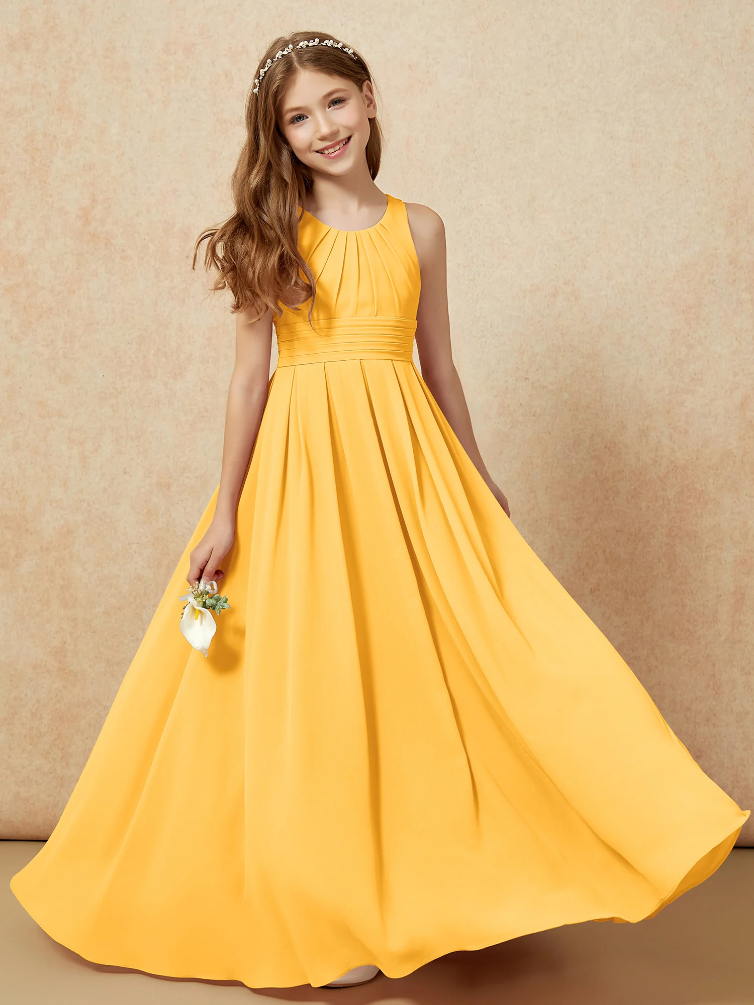 Scoop Neck Pleated Long Junior Bridesmaid Dresses Tangerine