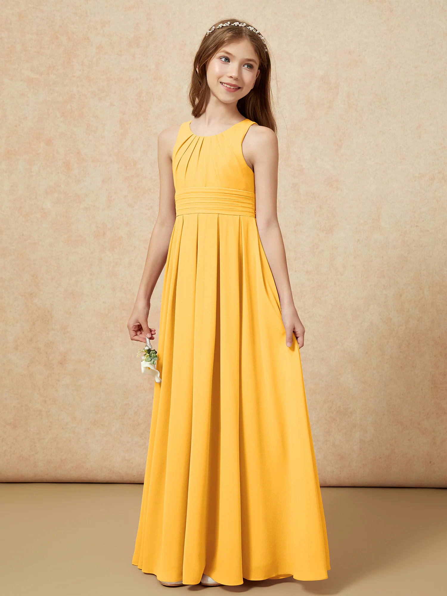 Scoop Neck Pleated Long Junior Bridesmaid Dresses Tangerine - Image 3