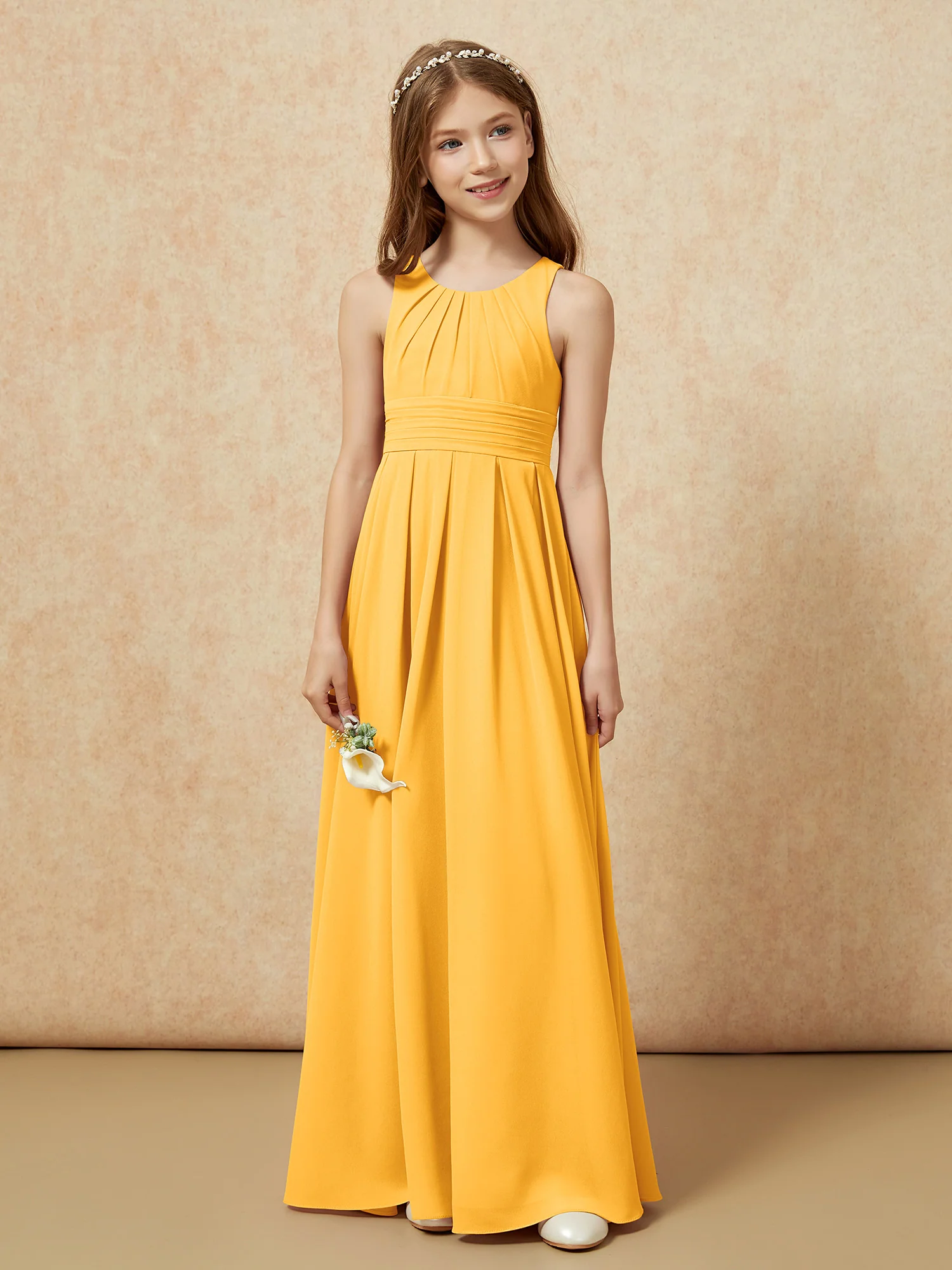 Scoop Neck Pleated Long Junior Bridesmaid Dresses Tangerine - Image 4