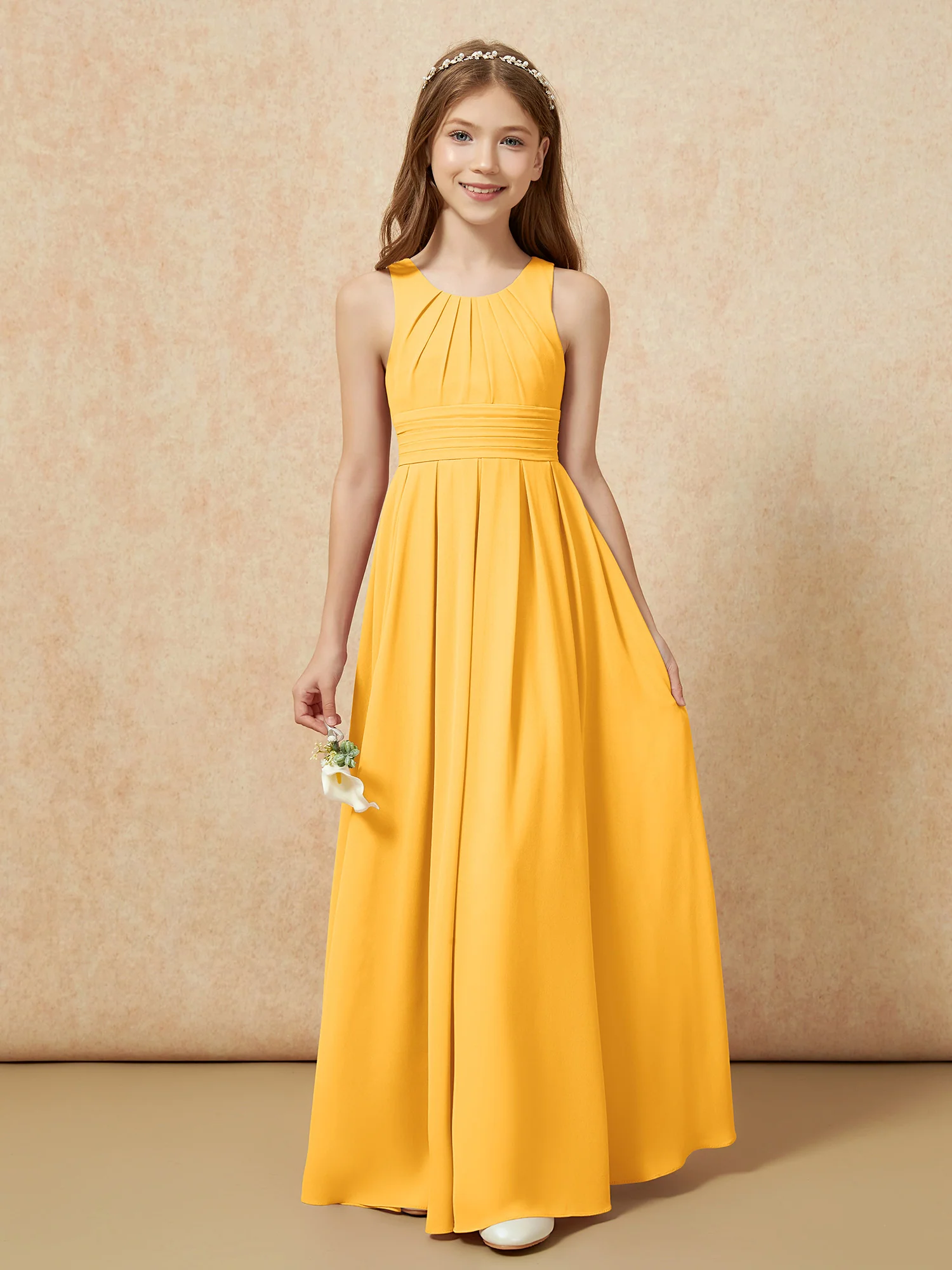 Scoop Neck Pleated Long Junior Bridesmaid Dresses Tangerine - Image 5