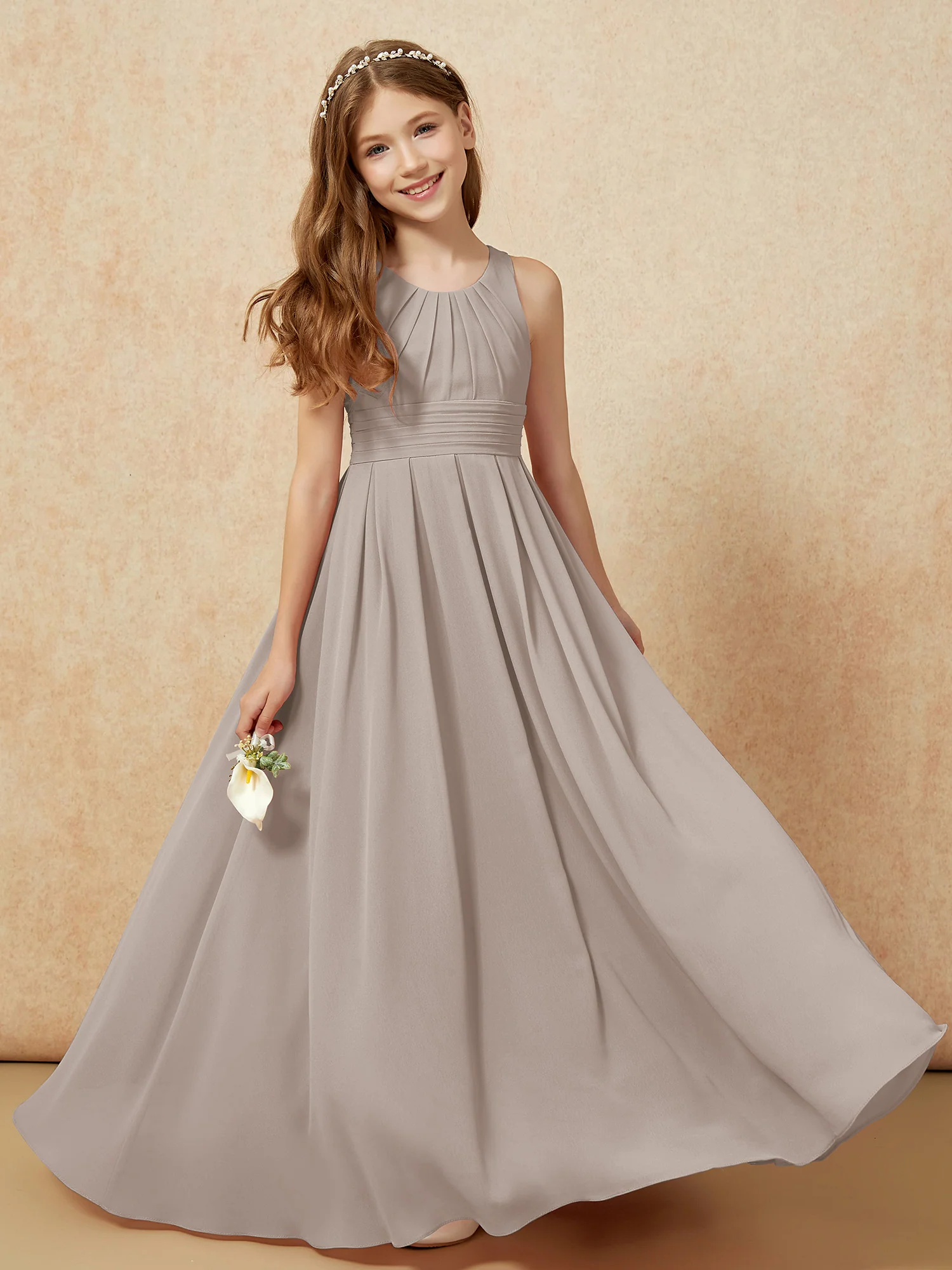 Scoop Neck Pleated Long Junior Bridesmaid Dresses Taupe