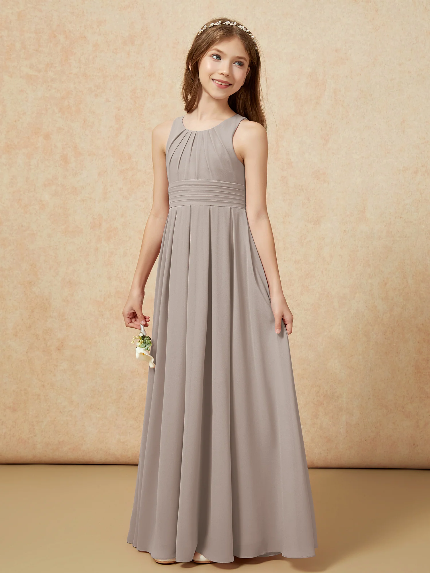 Scoop Neck Pleated Long Junior Bridesmaid Dresses Taupe - Image 3