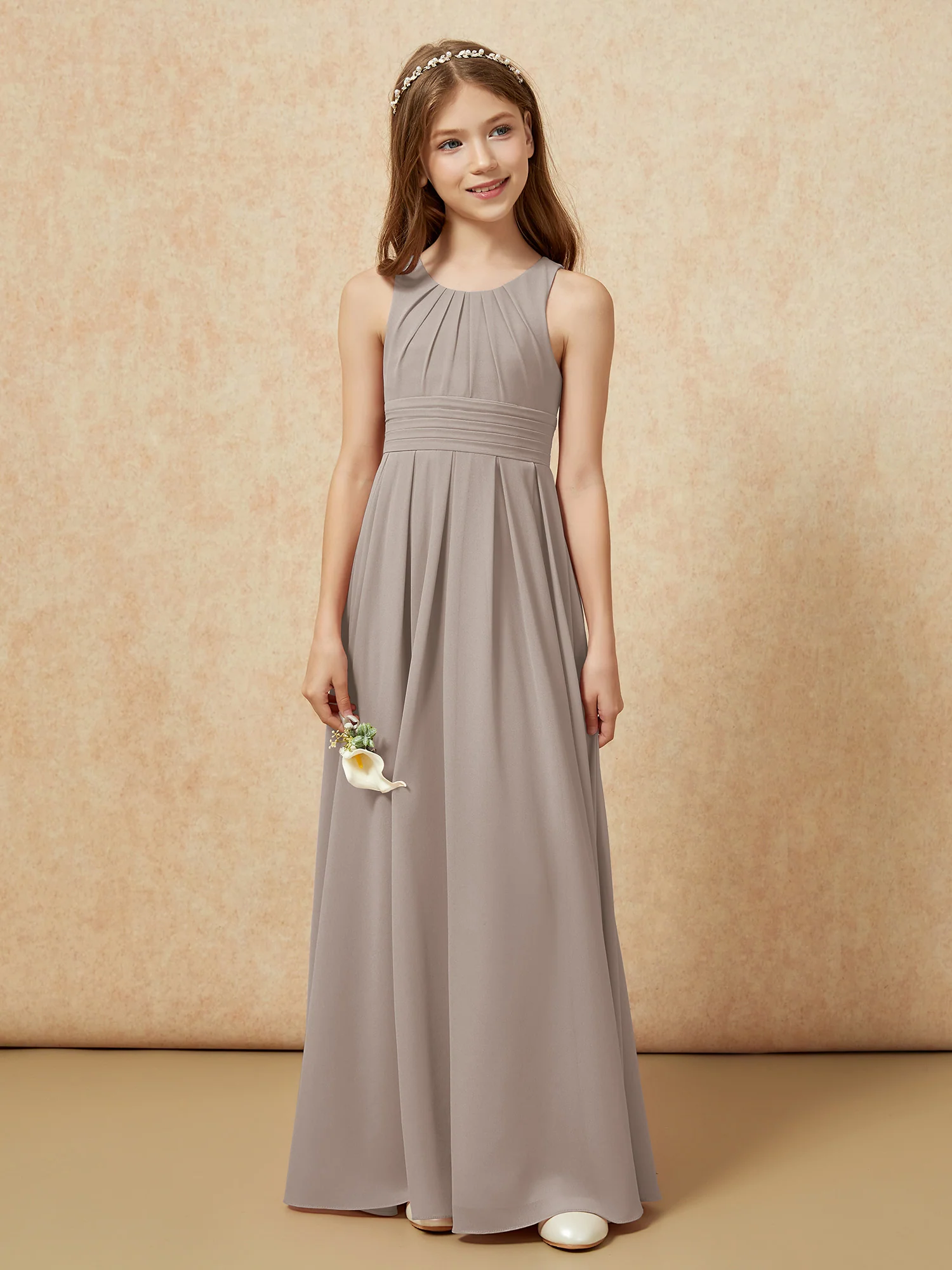 Scoop Neck Pleated Long Junior Bridesmaid Dresses Taupe - Image 4