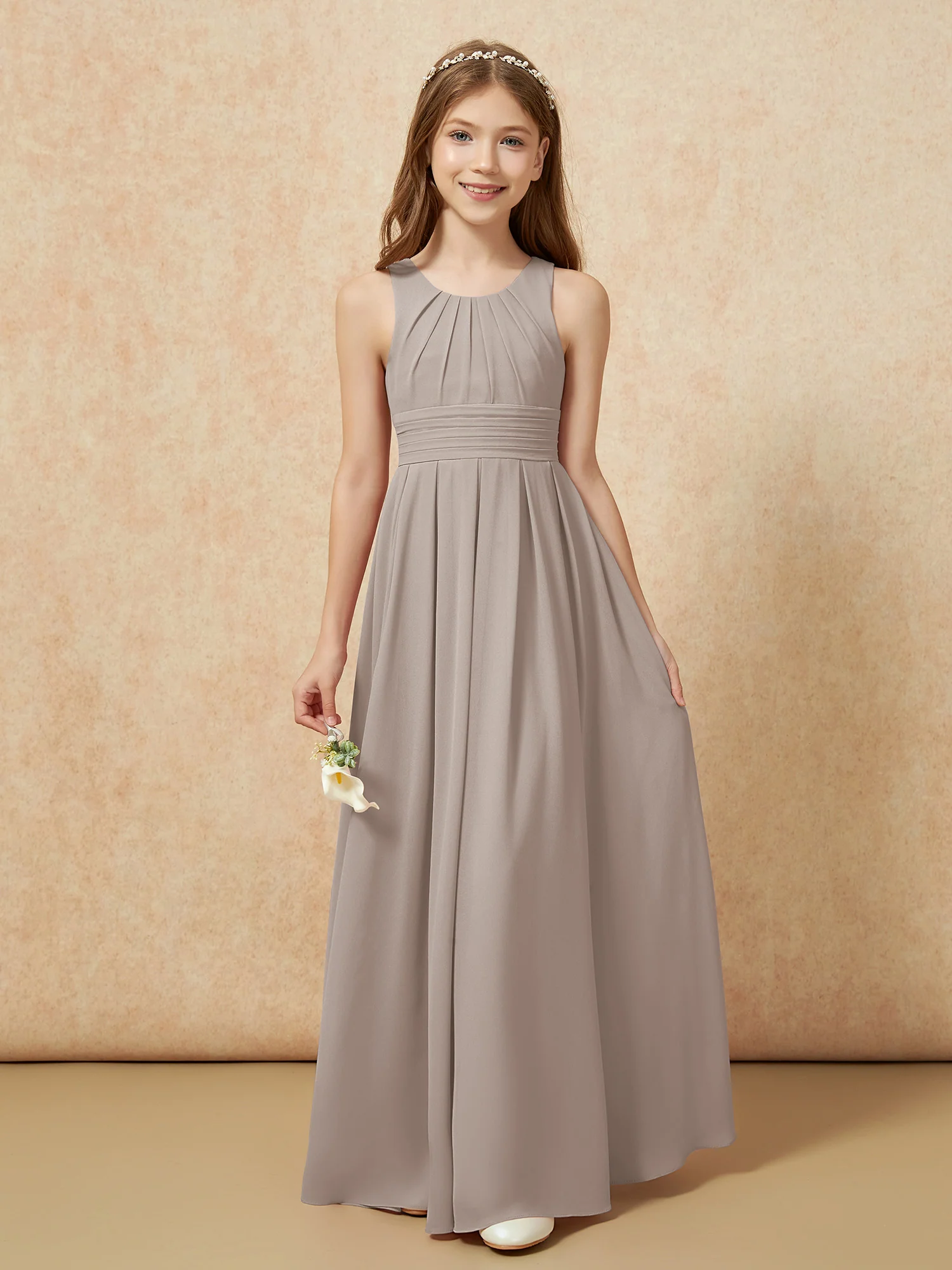 Scoop Neck Pleated Long Junior Bridesmaid Dresses Taupe - Image 5