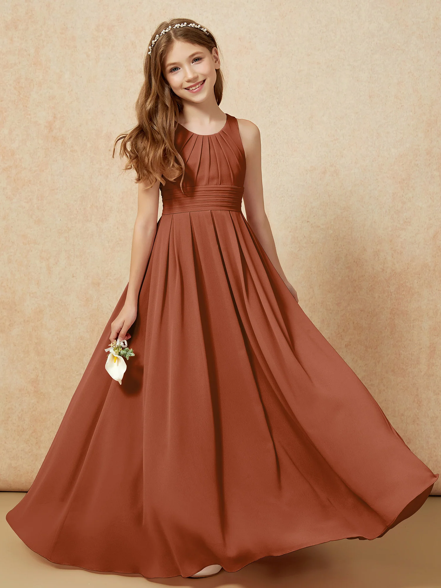 Scoop Neck Pleated Long Junior Bridesmaid Dresses Terracotta