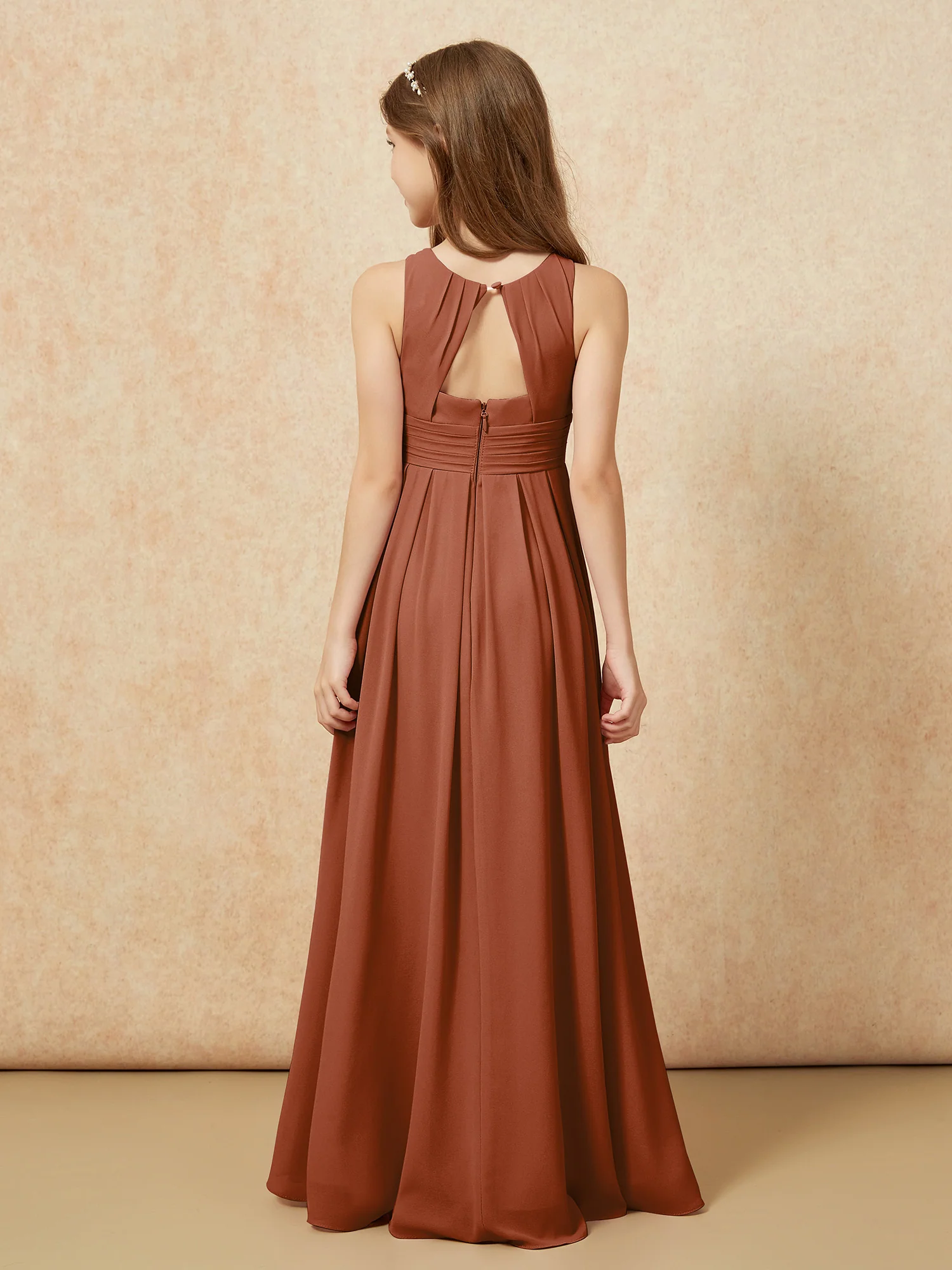 Scoop Neck Pleated Long Junior Bridesmaid Dresses Terracotta - Image 2