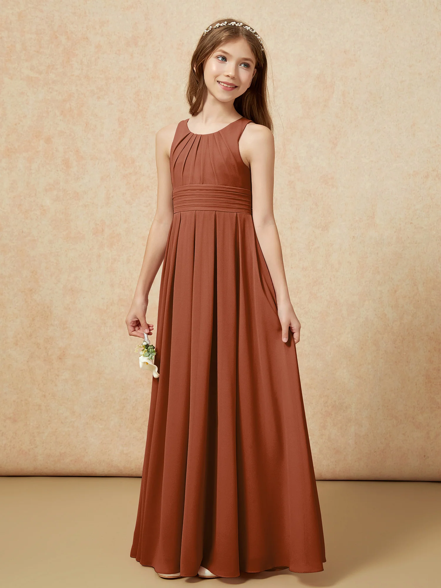 Scoop Neck Pleated Long Junior Bridesmaid Dresses Terracotta - Image 3