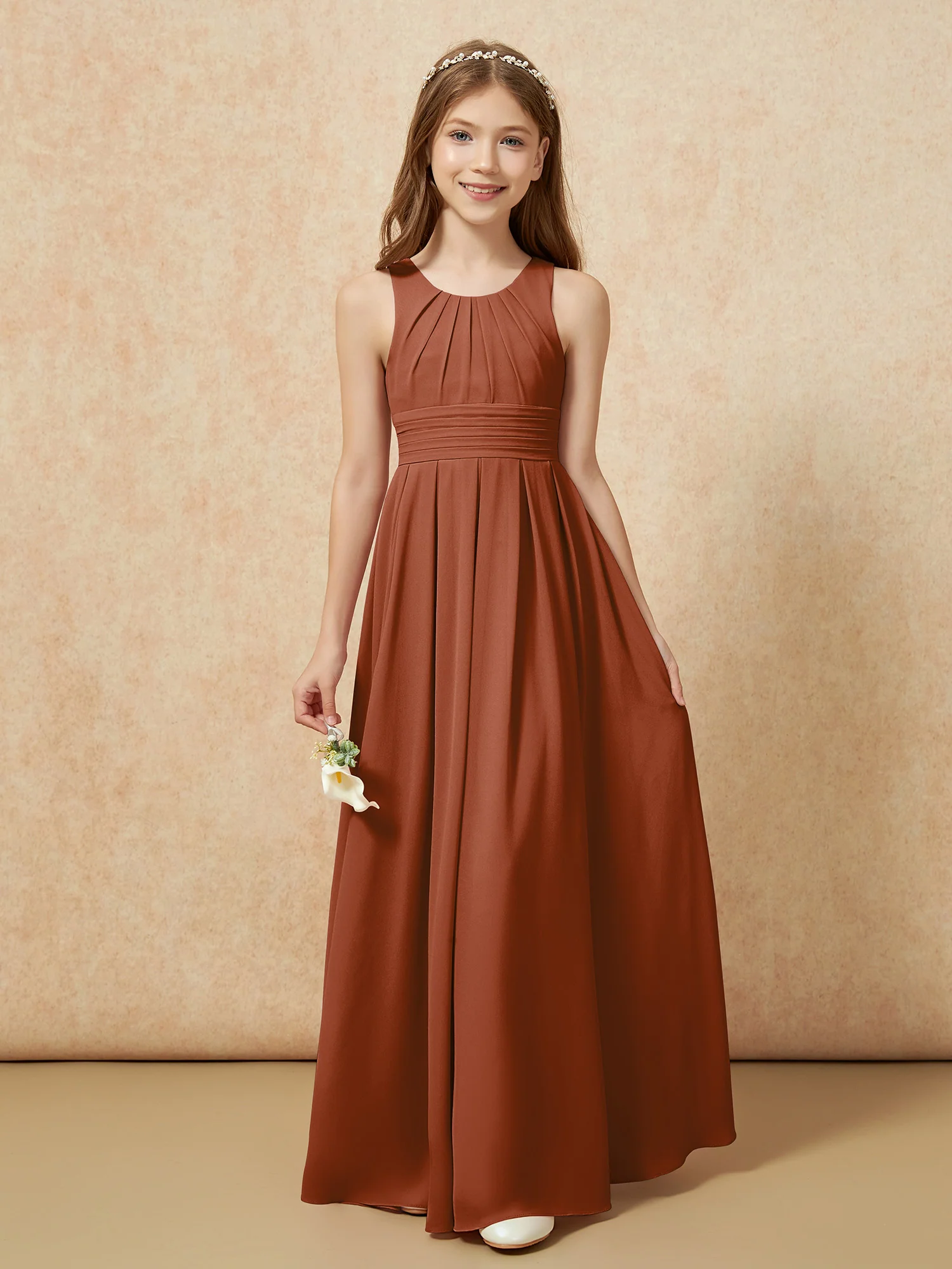 Scoop Neck Pleated Long Junior Bridesmaid Dresses Terracotta - Image 5