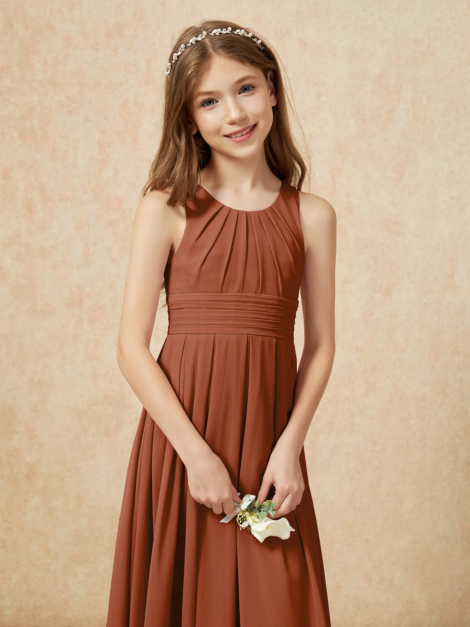 Scoop Neck Pleated Long Junior Bridesmaid Dresses Terracotta - Image 6