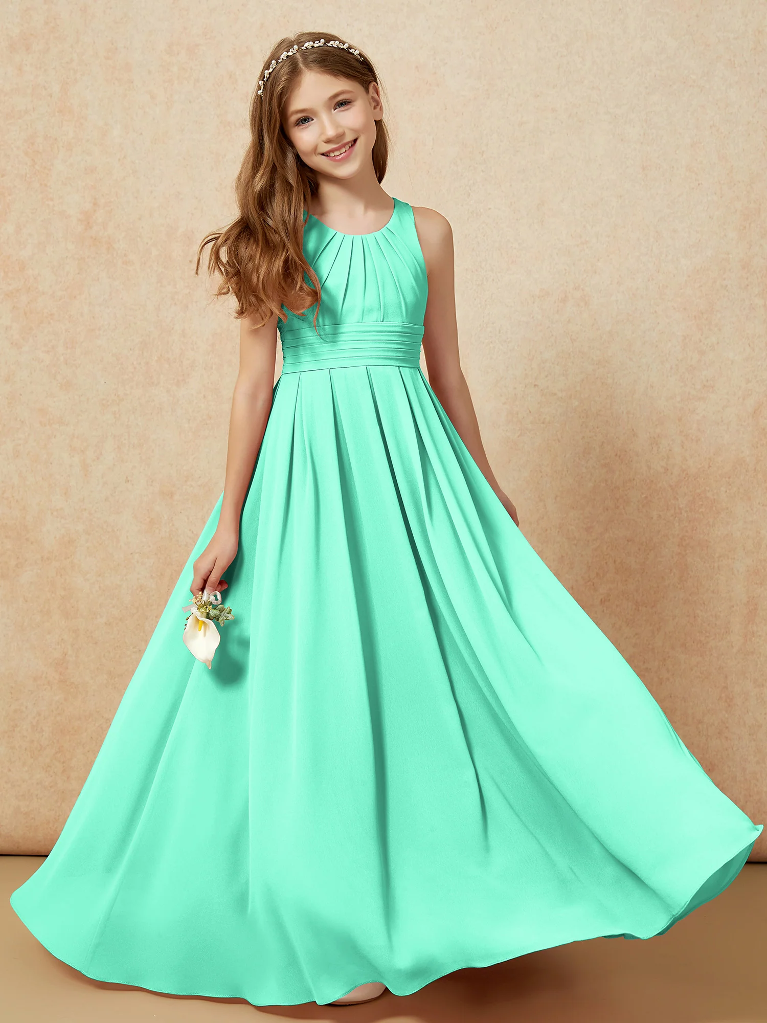 Scoop Neck Pleated Long Junior Bridesmaid Dresses Turquoise