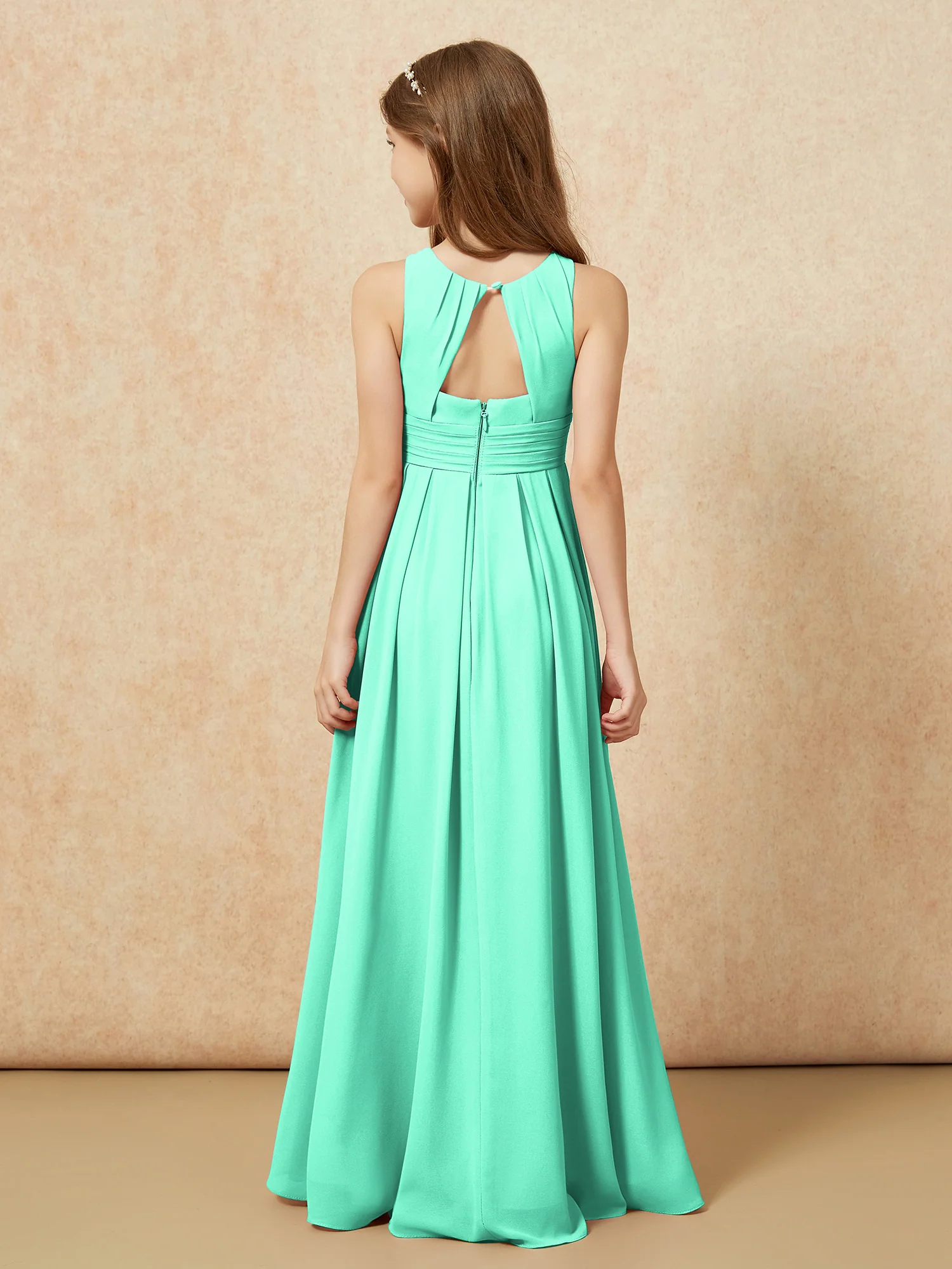 Scoop Neck Pleated Long Junior Bridesmaid Dresses Turquoise - Image 2