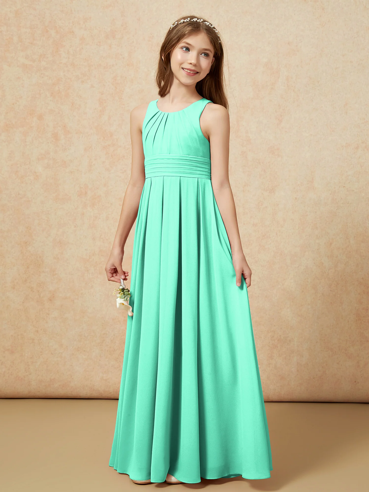 Scoop Neck Pleated Long Junior Bridesmaid Dresses Turquoise - Image 3