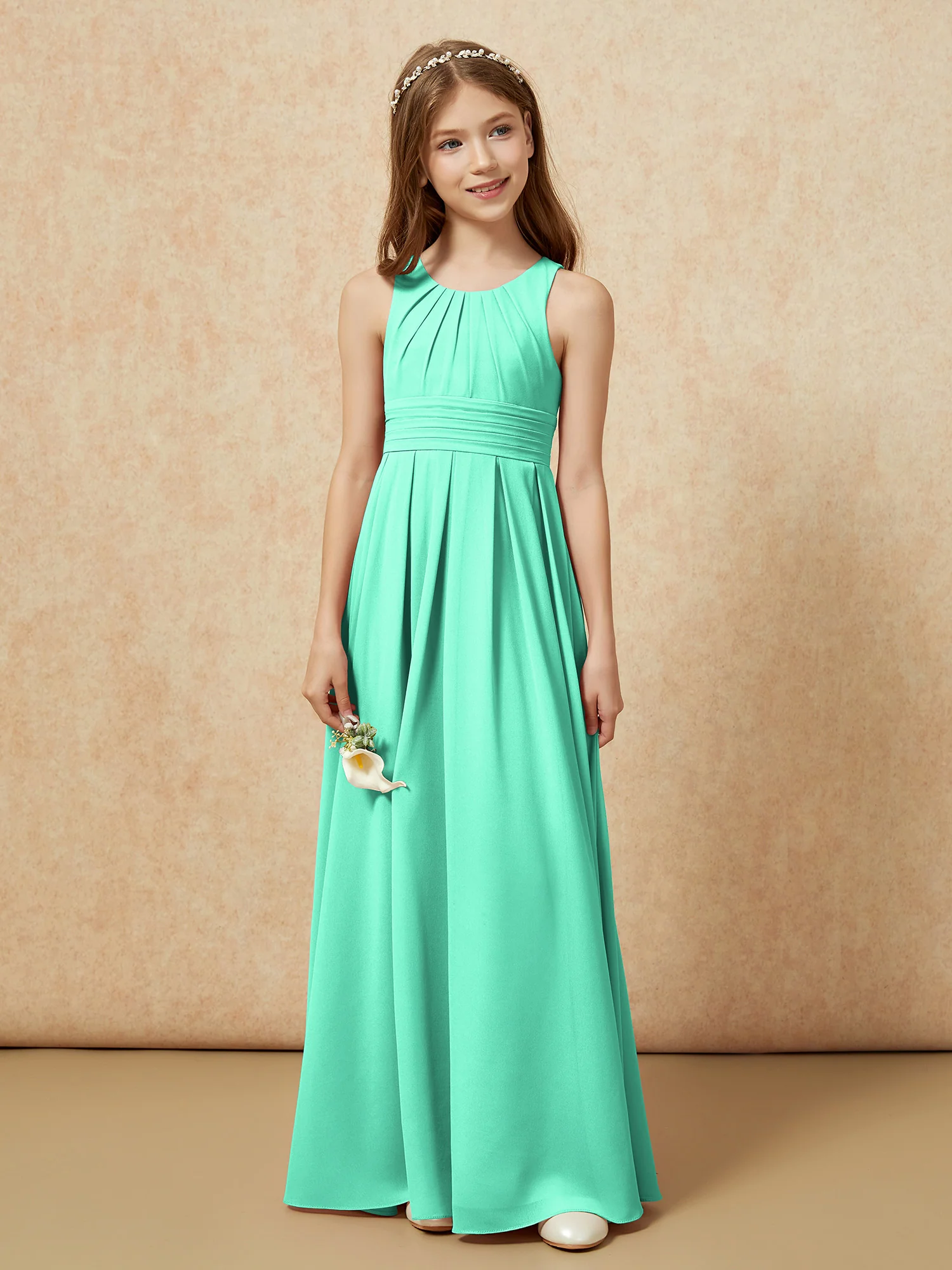 Scoop Neck Pleated Long Junior Bridesmaid Dresses Turquoise - Image 4