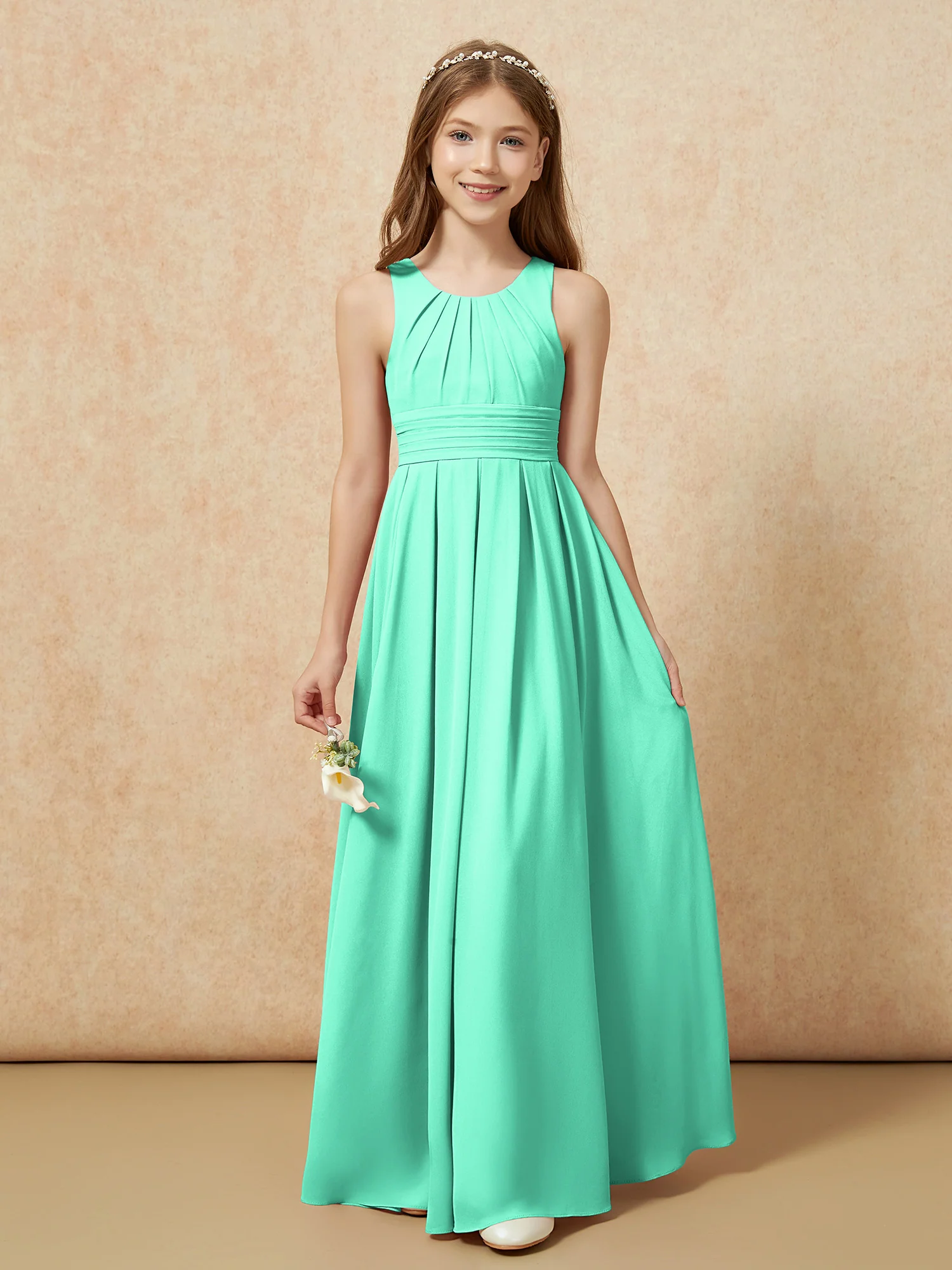 Scoop Neck Pleated Long Junior Bridesmaid Dresses Turquoise - Image 5
