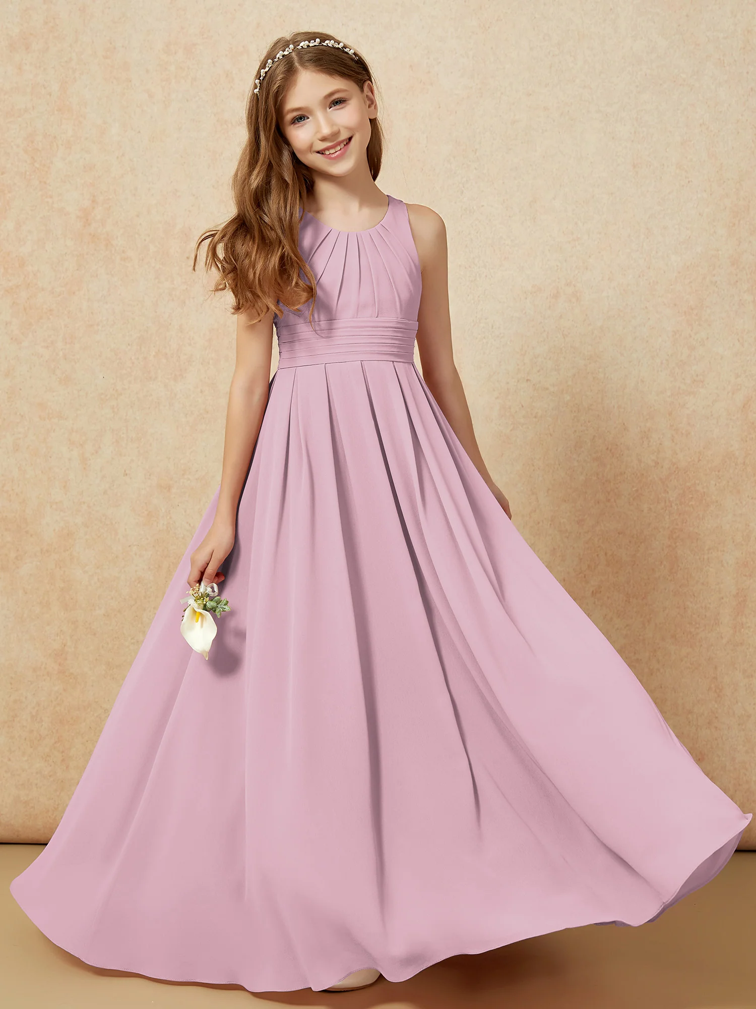 Scoop Neck Pleated Long Junior Bridesmaid Dresses Vintage Mauve