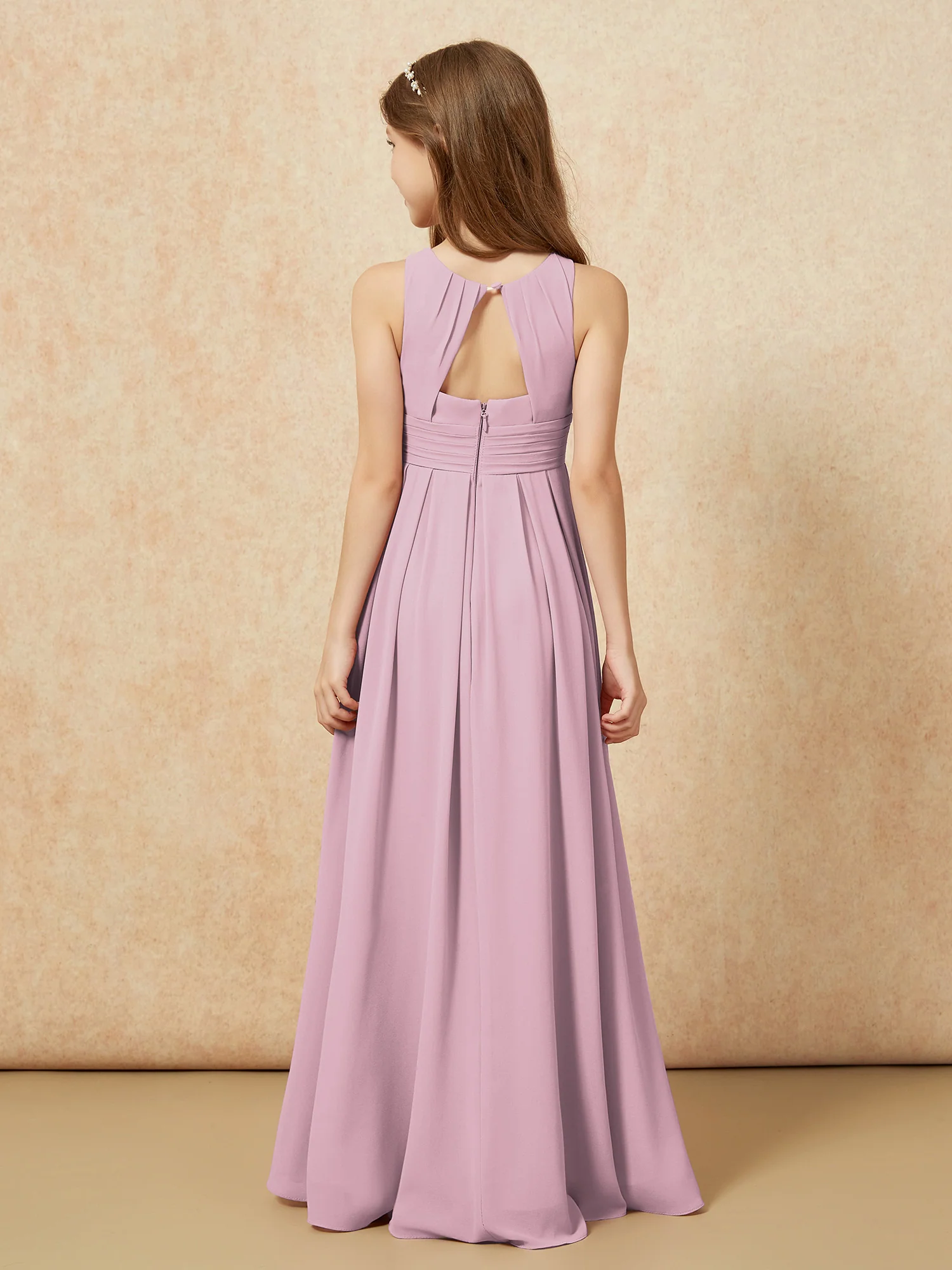 Scoop Neck Pleated Long Junior Bridesmaid Dresses Vintage Mauve - Image 2