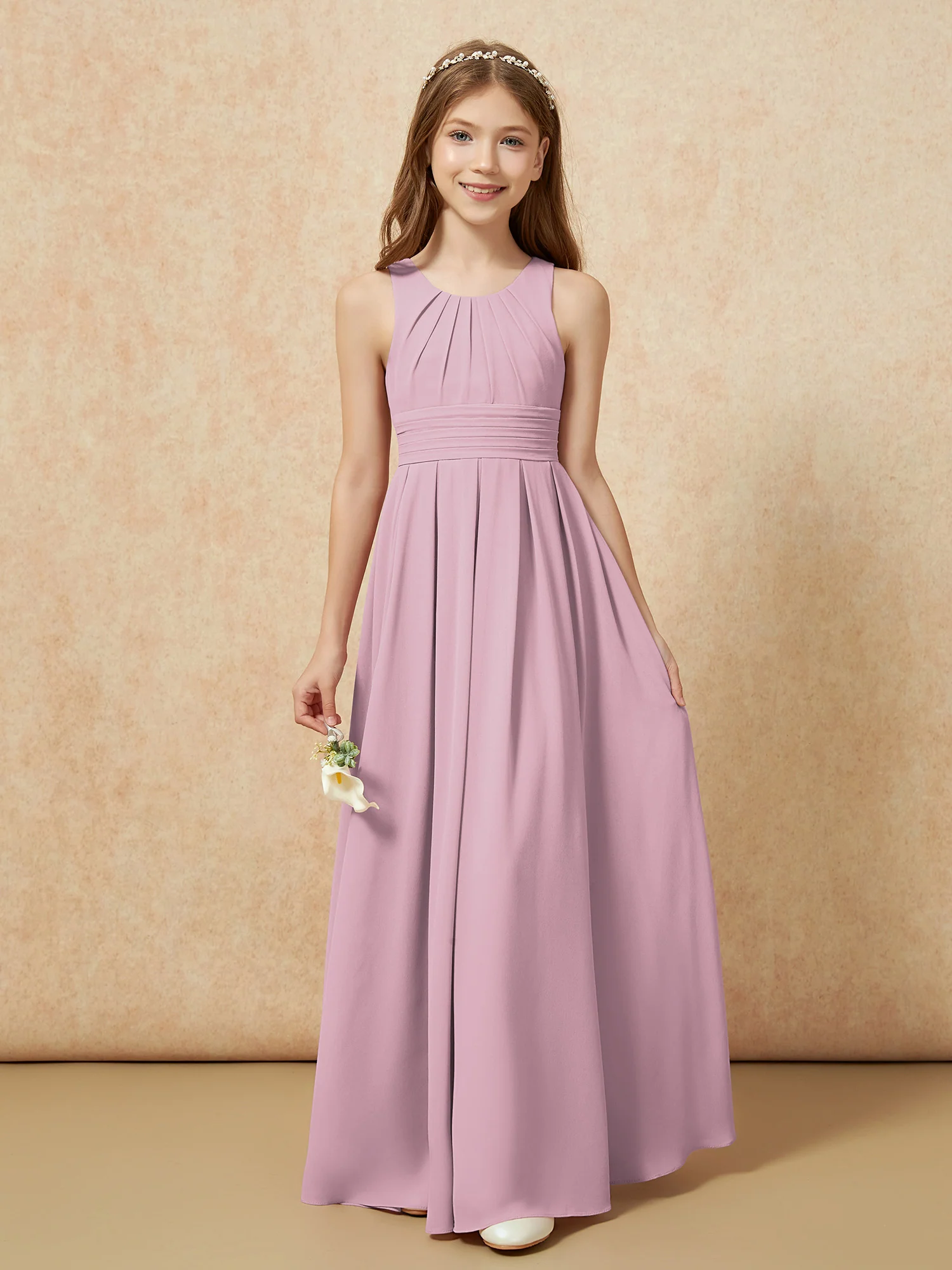 Scoop Neck Pleated Long Junior Bridesmaid Dresses Vintage Mauve - Image 5