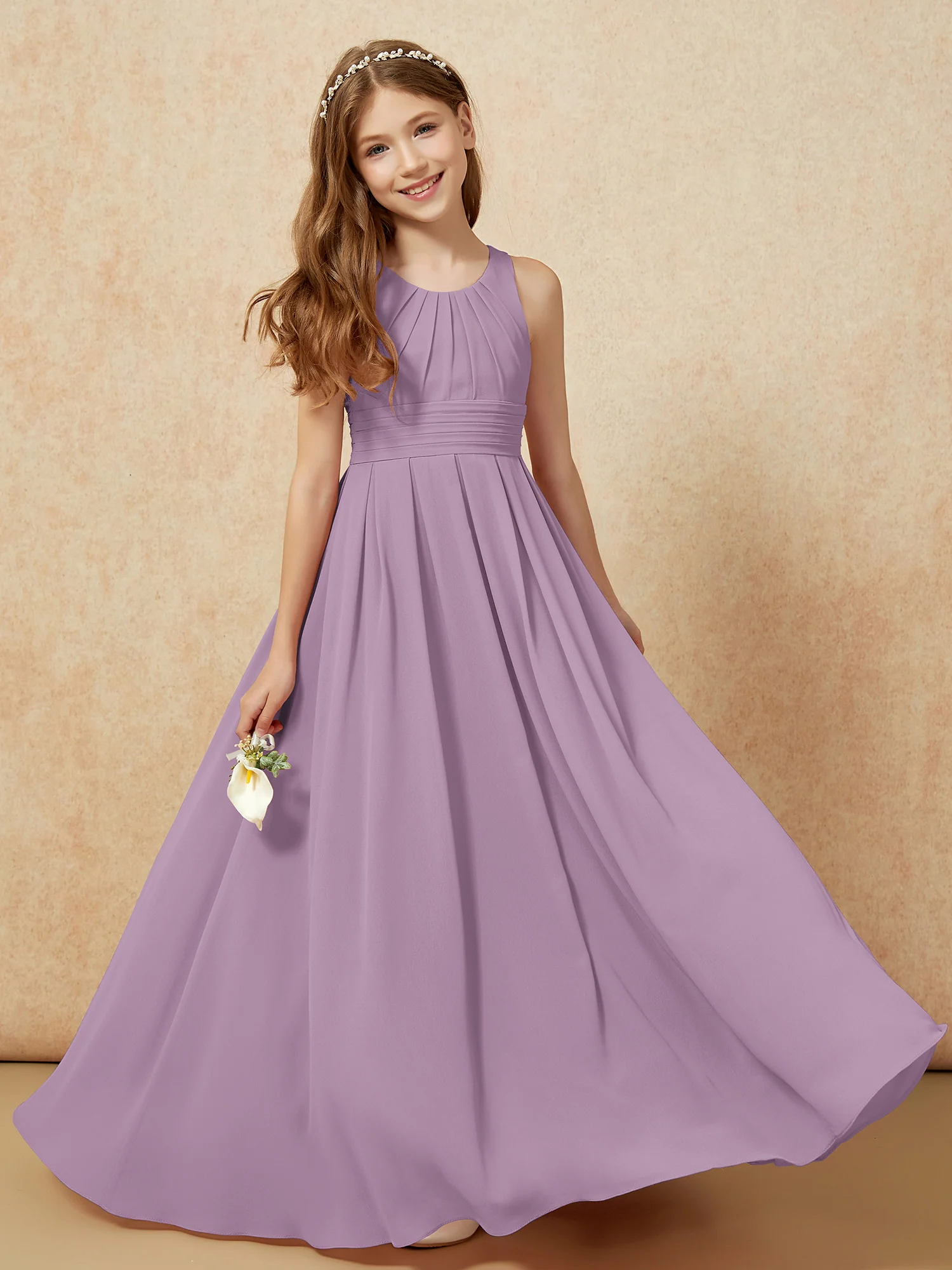 Scoop Neck Pleated Long Junior Bridesmaid Dresses Wisteria
