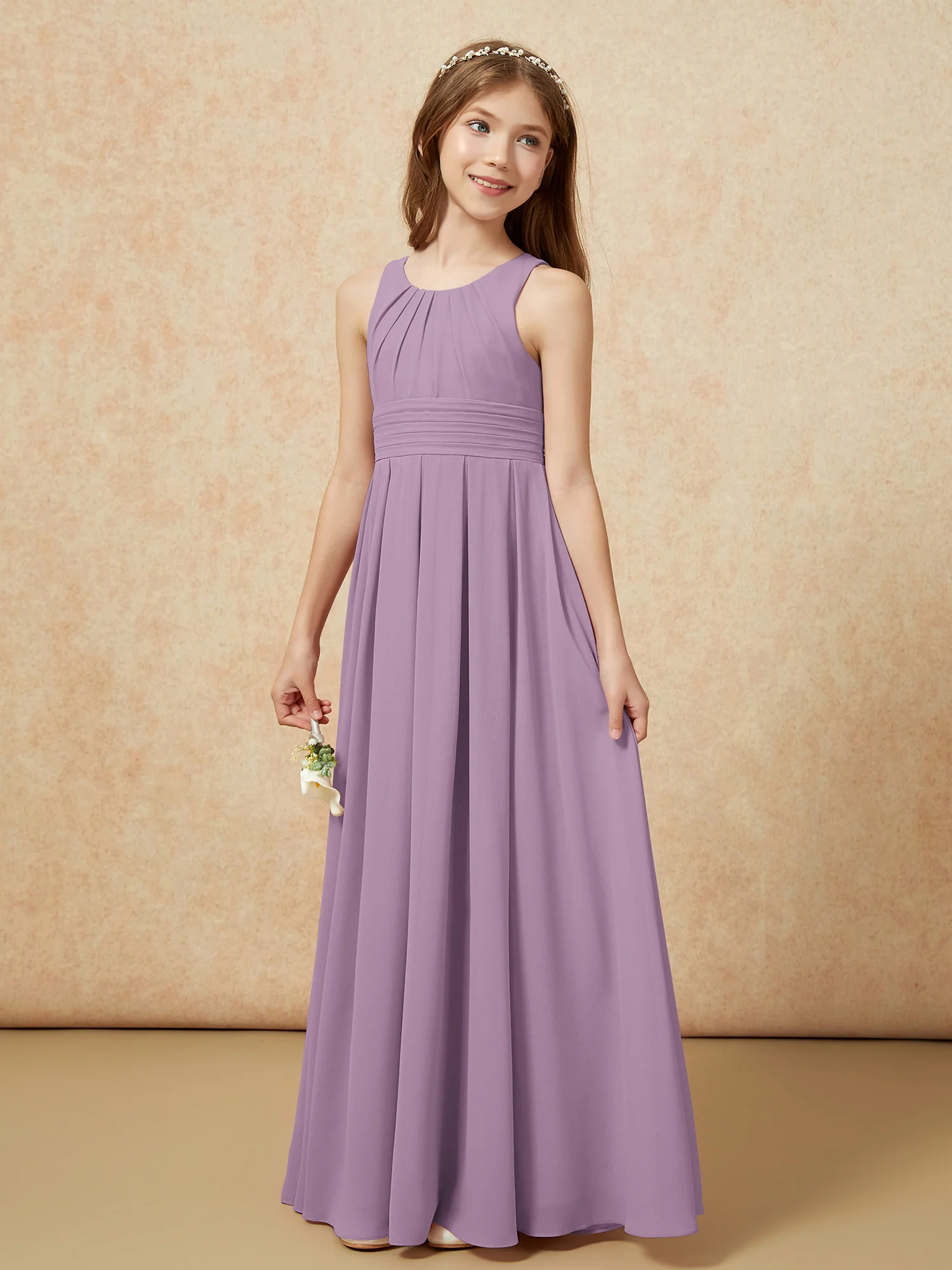 Scoop Neck Pleated Long Junior Bridesmaid Dresses Wisteria - Image 3