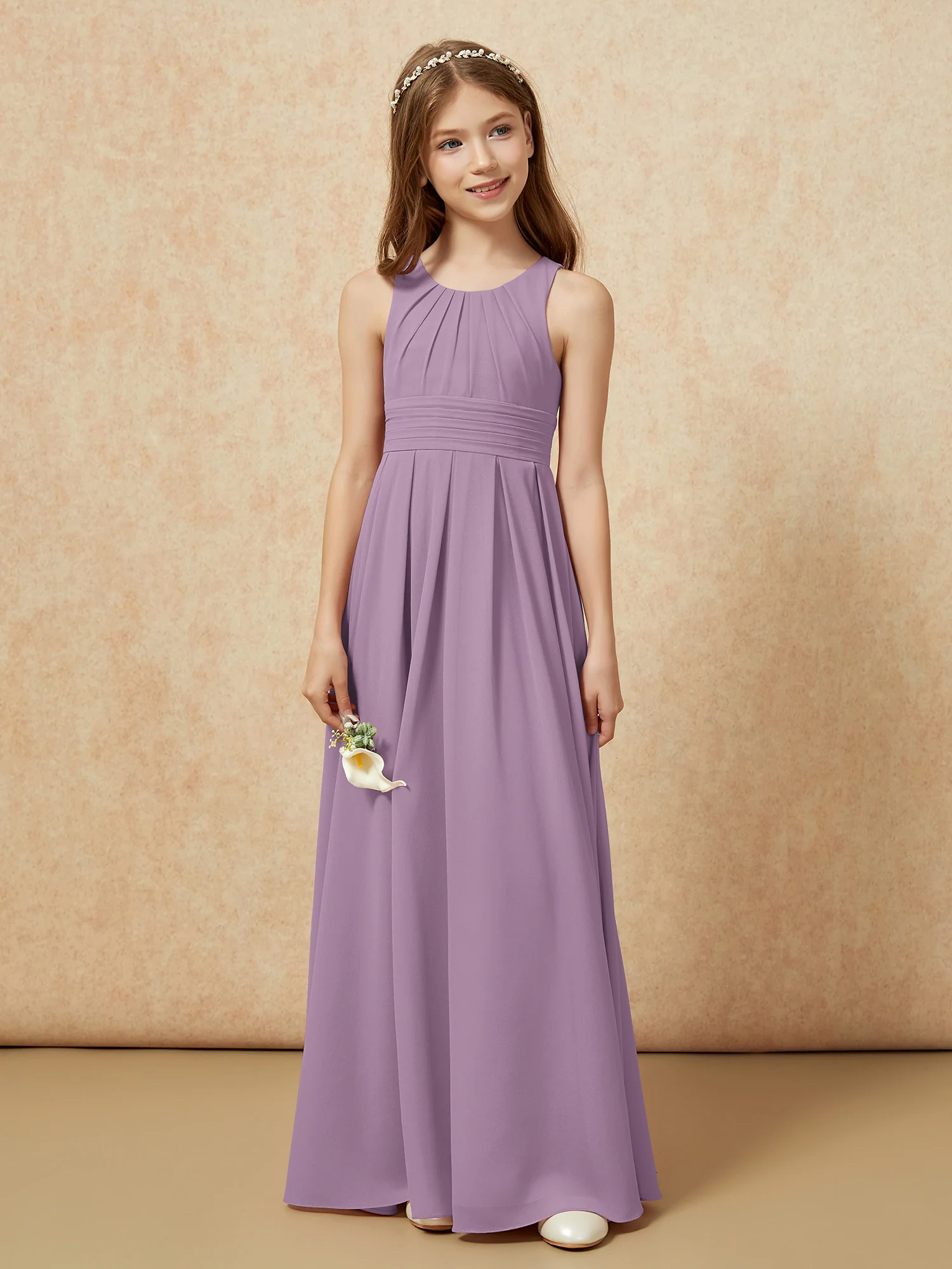 Scoop Neck Pleated Long Junior Bridesmaid Dresses Wisteria - Image 4