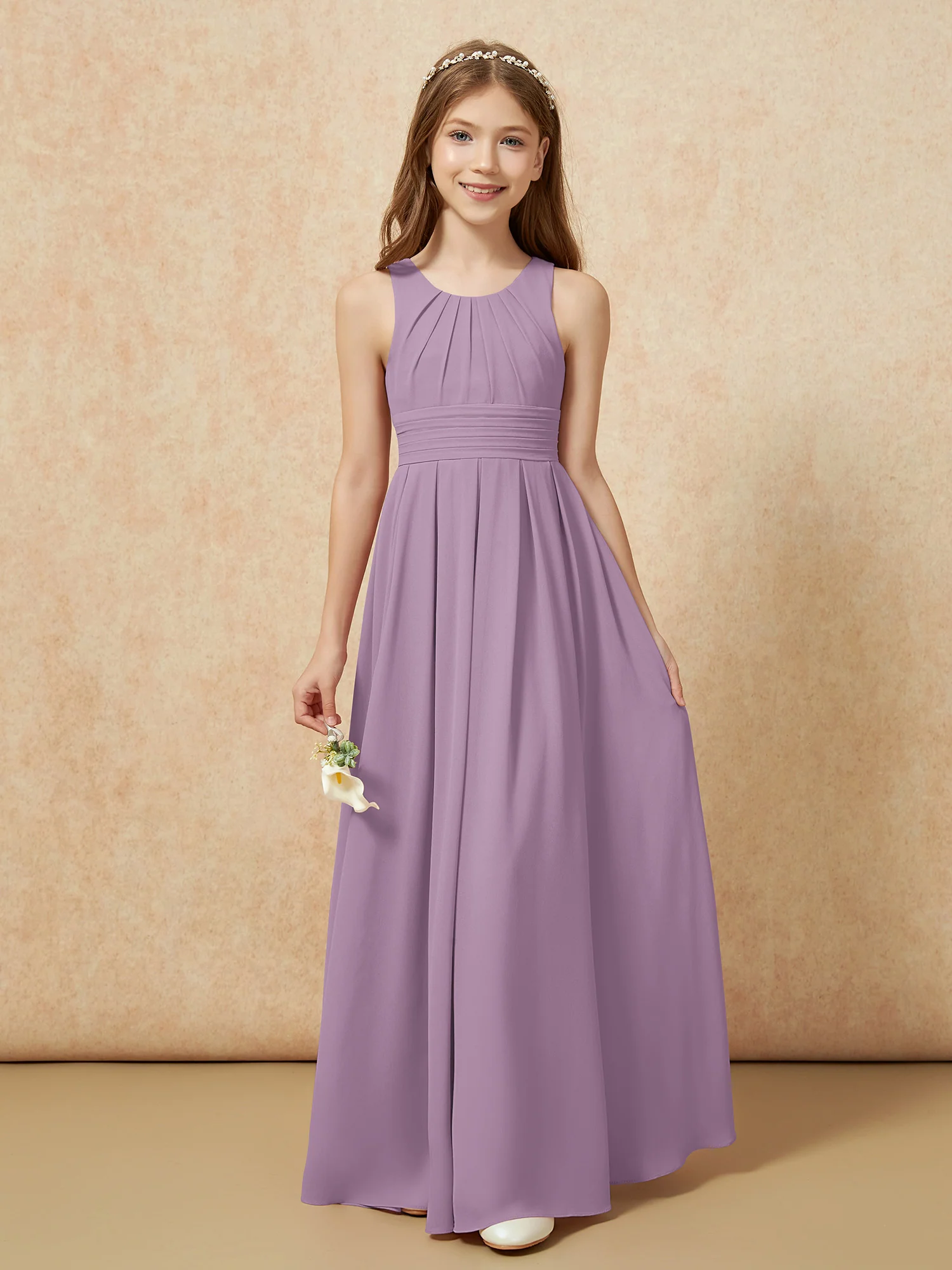 Scoop Neck Pleated Long Junior Bridesmaid Dresses Wisteria - Image 5