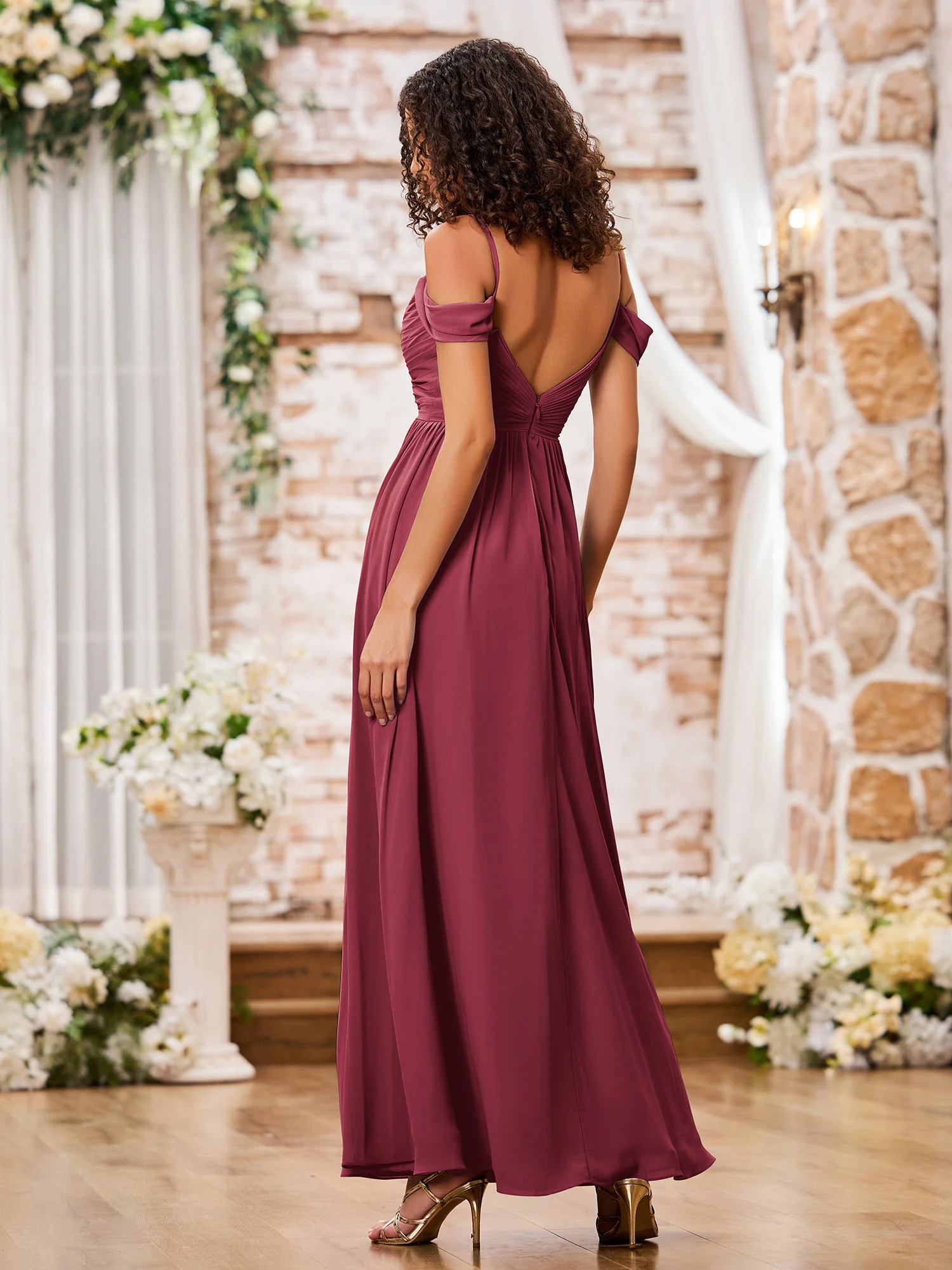 Scoop Neck Spaghetti Straps Long Chiffon Dresses Cinnamon Rose - Image 2
