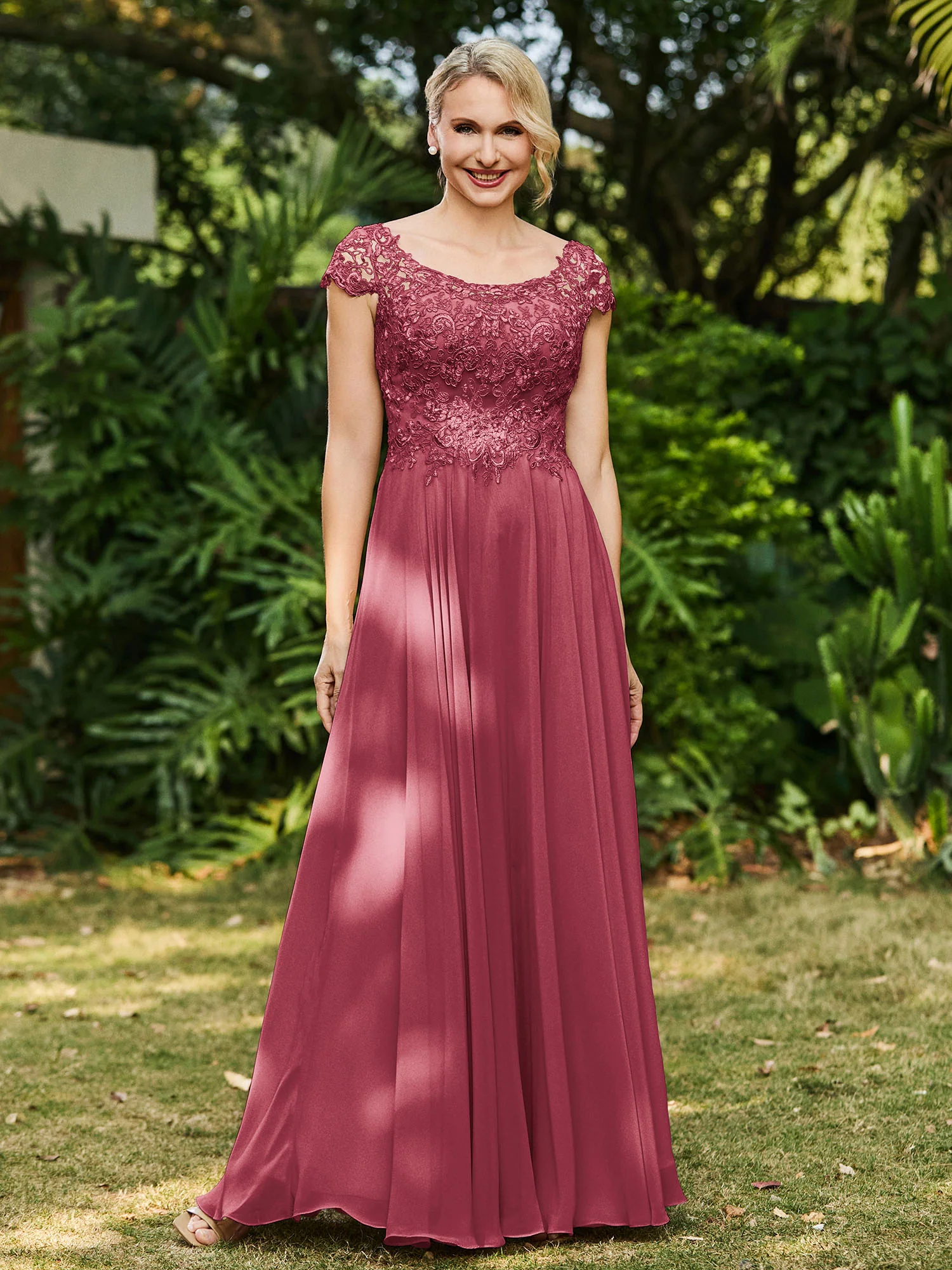 Scoop Neckline Appliqued A-line Chiffon Dress Cinnamon Rose