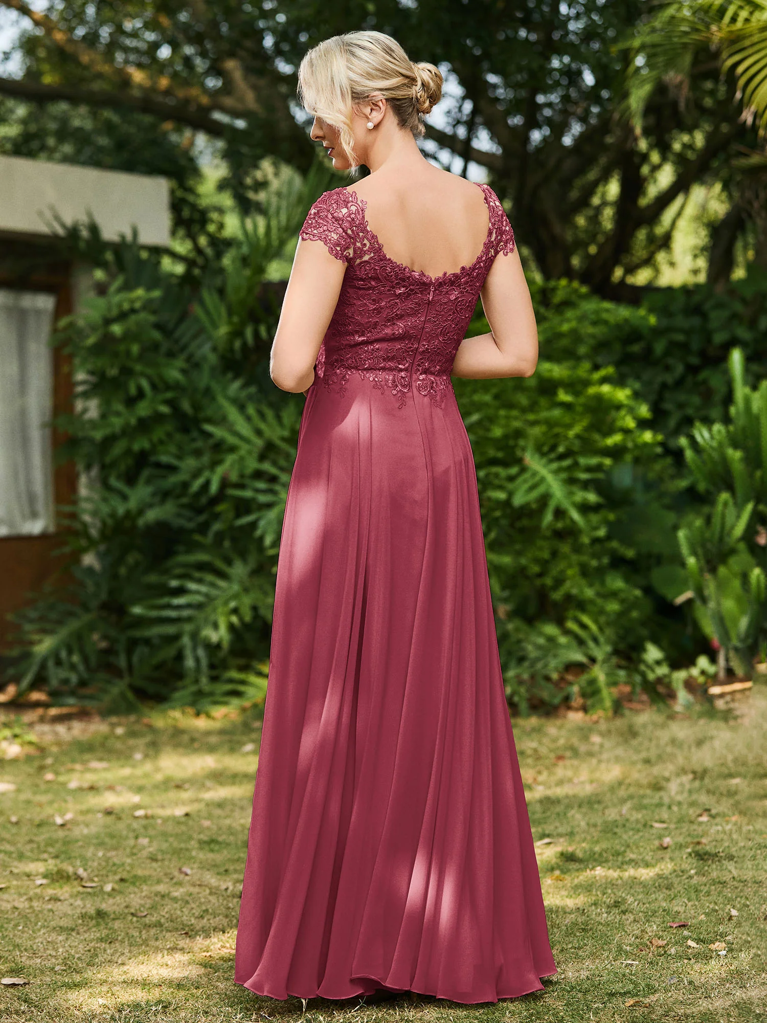 Scoop Neckline Appliqued A-line Chiffon Dress Cinnamon Rose - Image 2