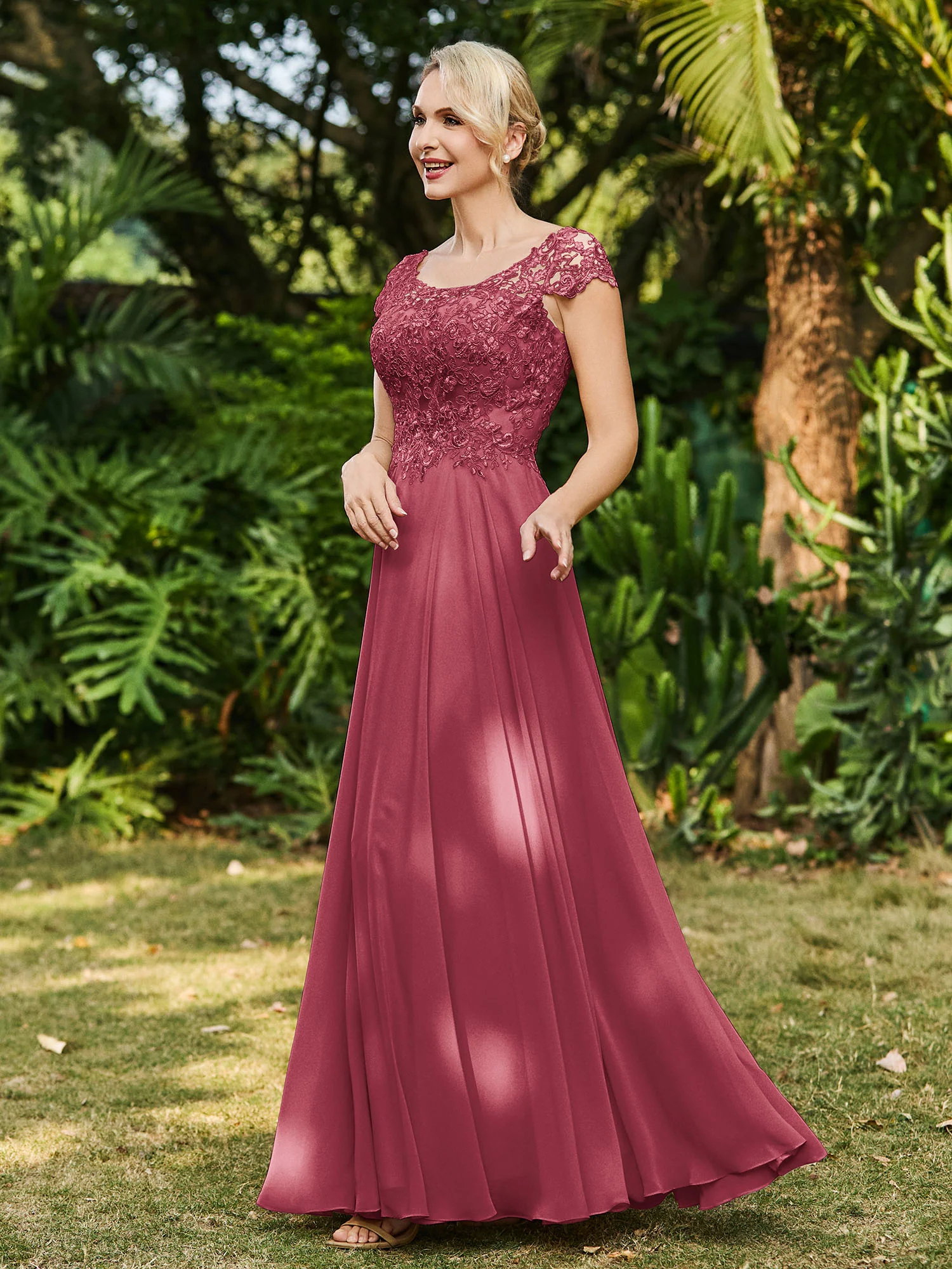 Scoop Neckline Appliqued A-line Chiffon Dress Cinnamon Rose - Image 3