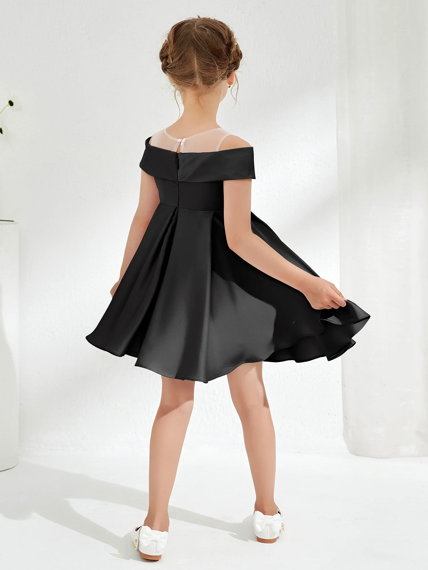 Scoop Off the Shoulder Knee-Length Girl's Dress Black - Image 2