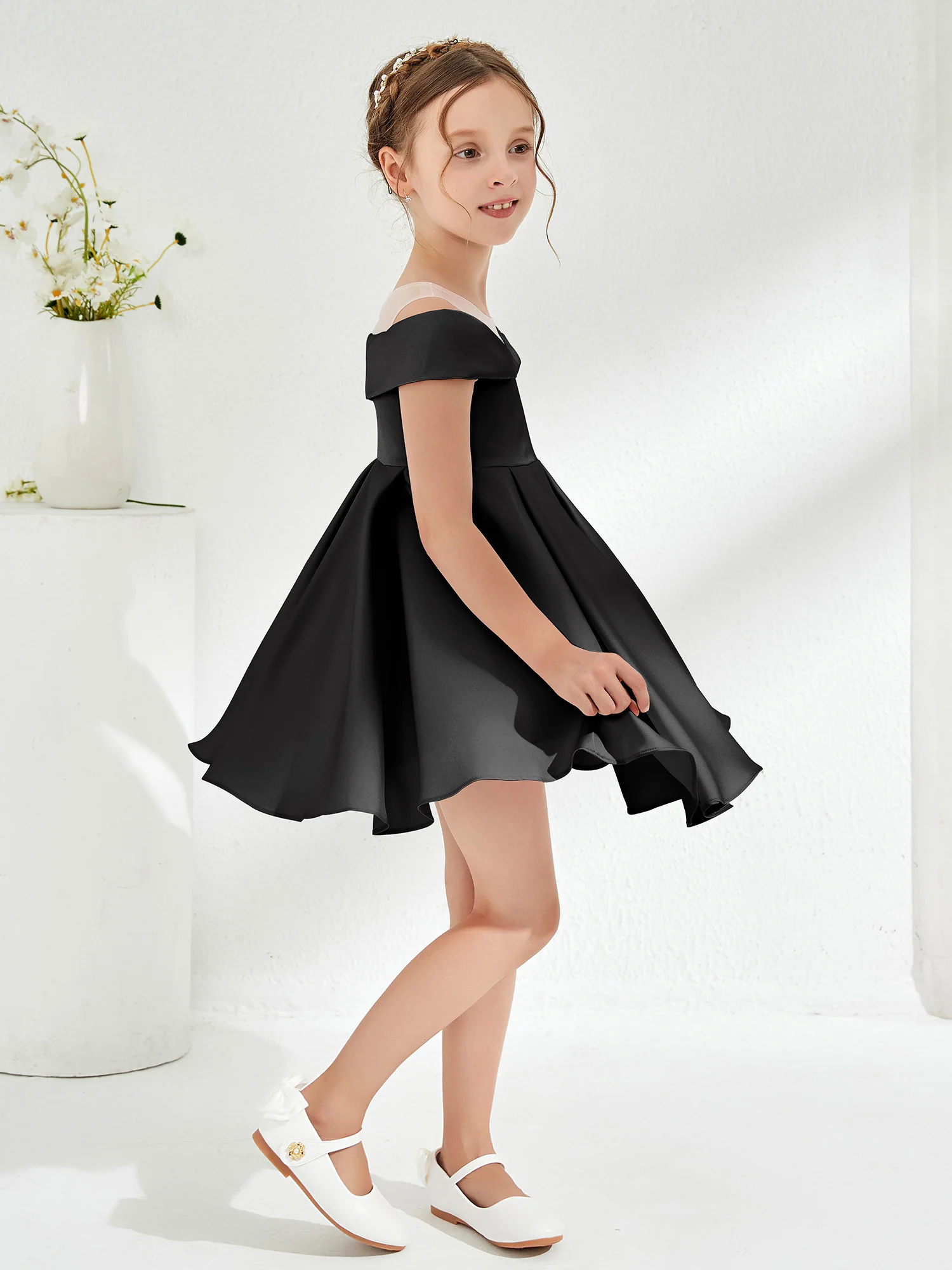 Scoop Off the Shoulder Knee-Length Girl's Dress Black - Image 3