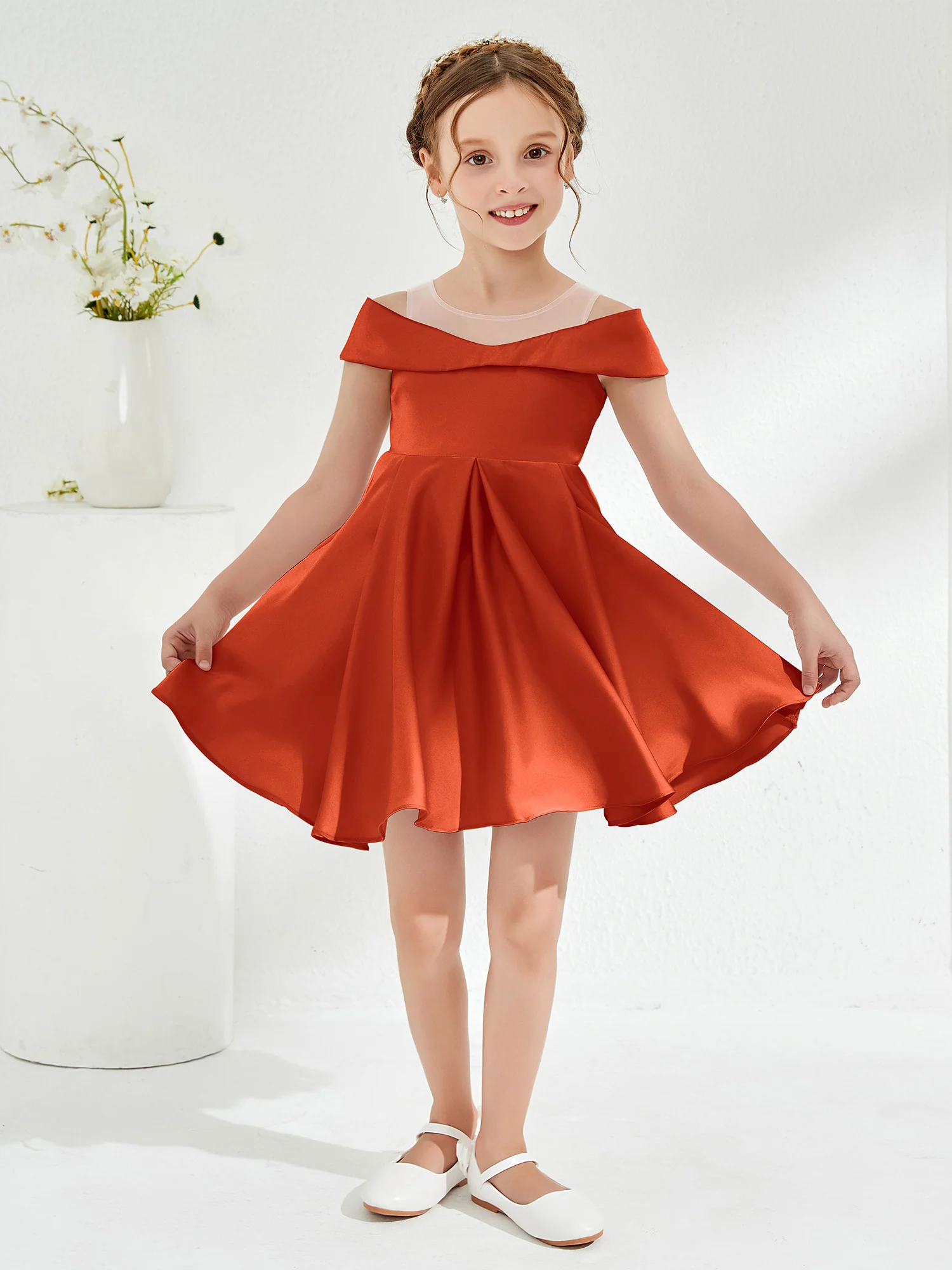 Scoop Off the Shoulder Knee-Length Girl's Dress Burnt Orange