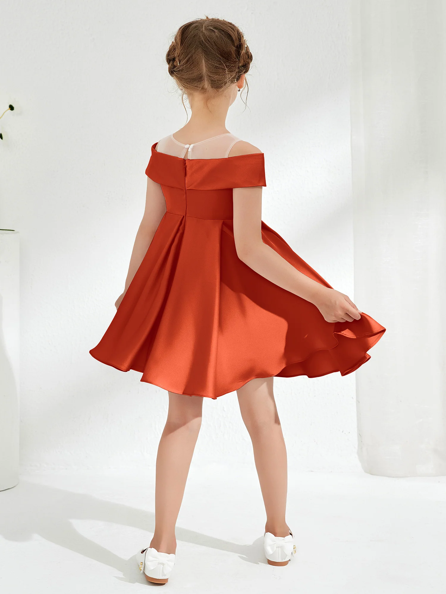 Scoop Off the Shoulder Knee-Length Girl's Dress Burnt Orange - Image 2
