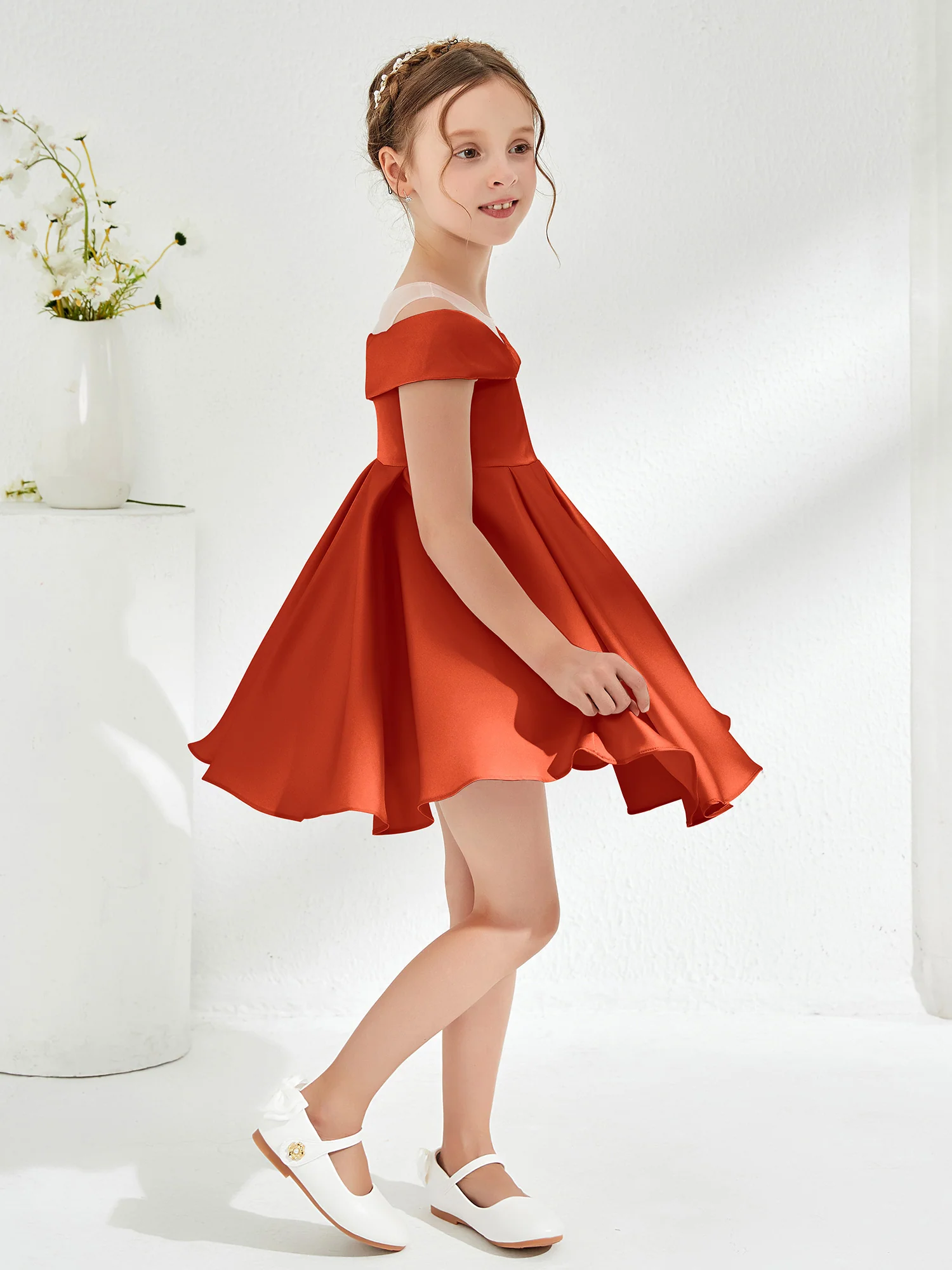 Scoop Off the Shoulder Knee-Length Girl's Dress Burnt Orange - Image 3