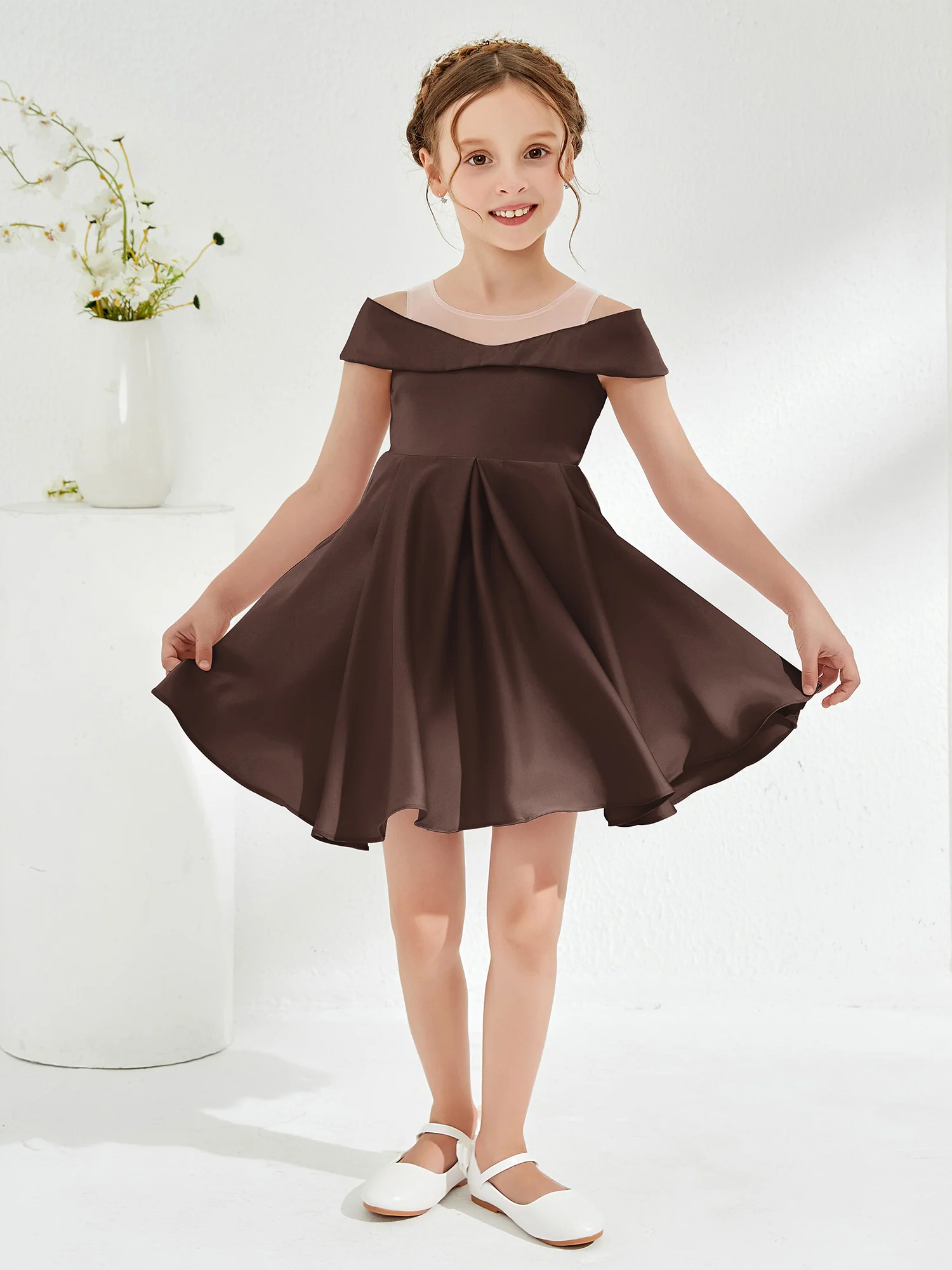 Scoop Off the Shoulder Knee-Length Girl's Dress Chocolate