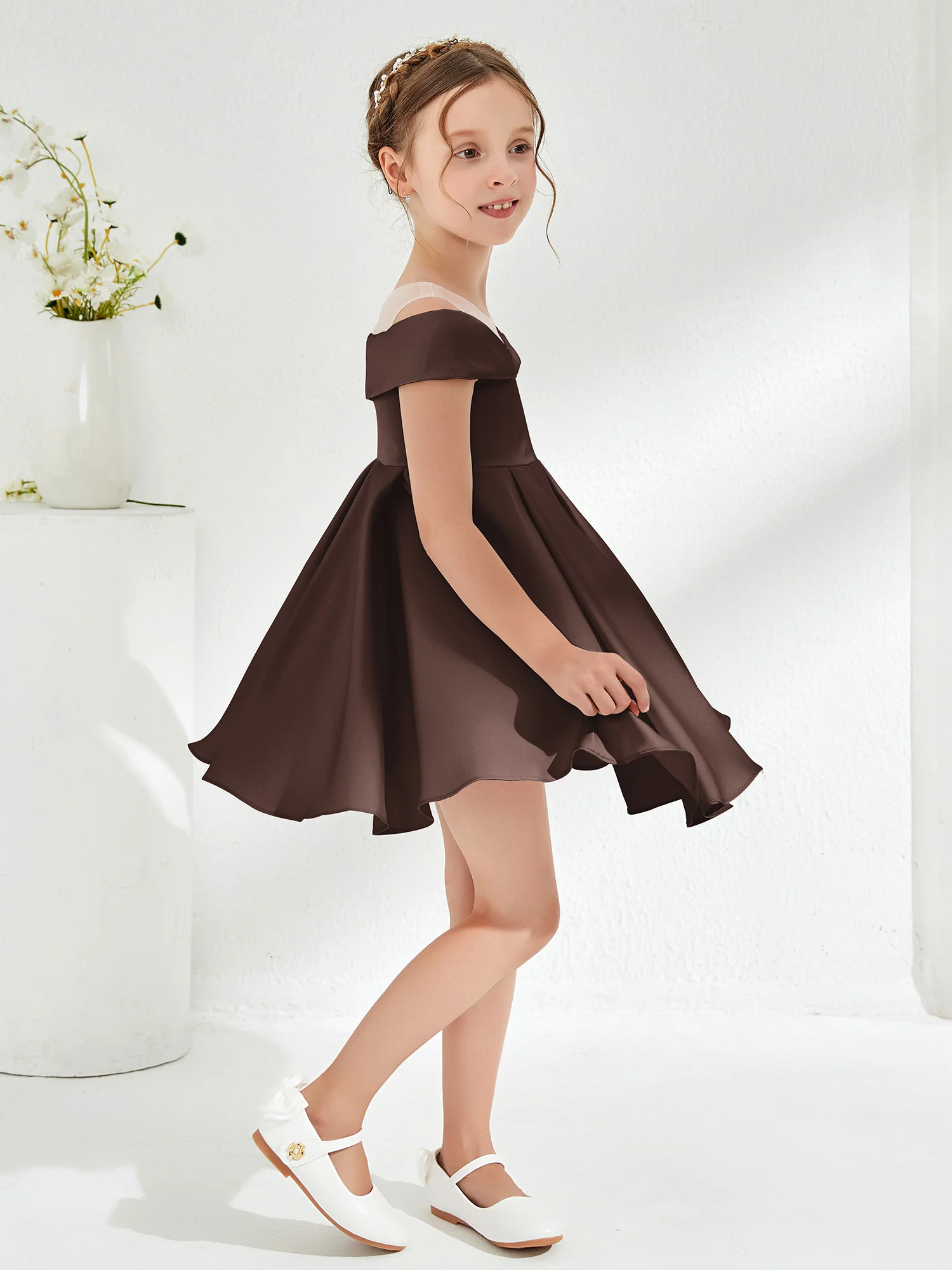 Scoop Off the Shoulder Knee-Length Girl's Dress Chocolate - Image 3